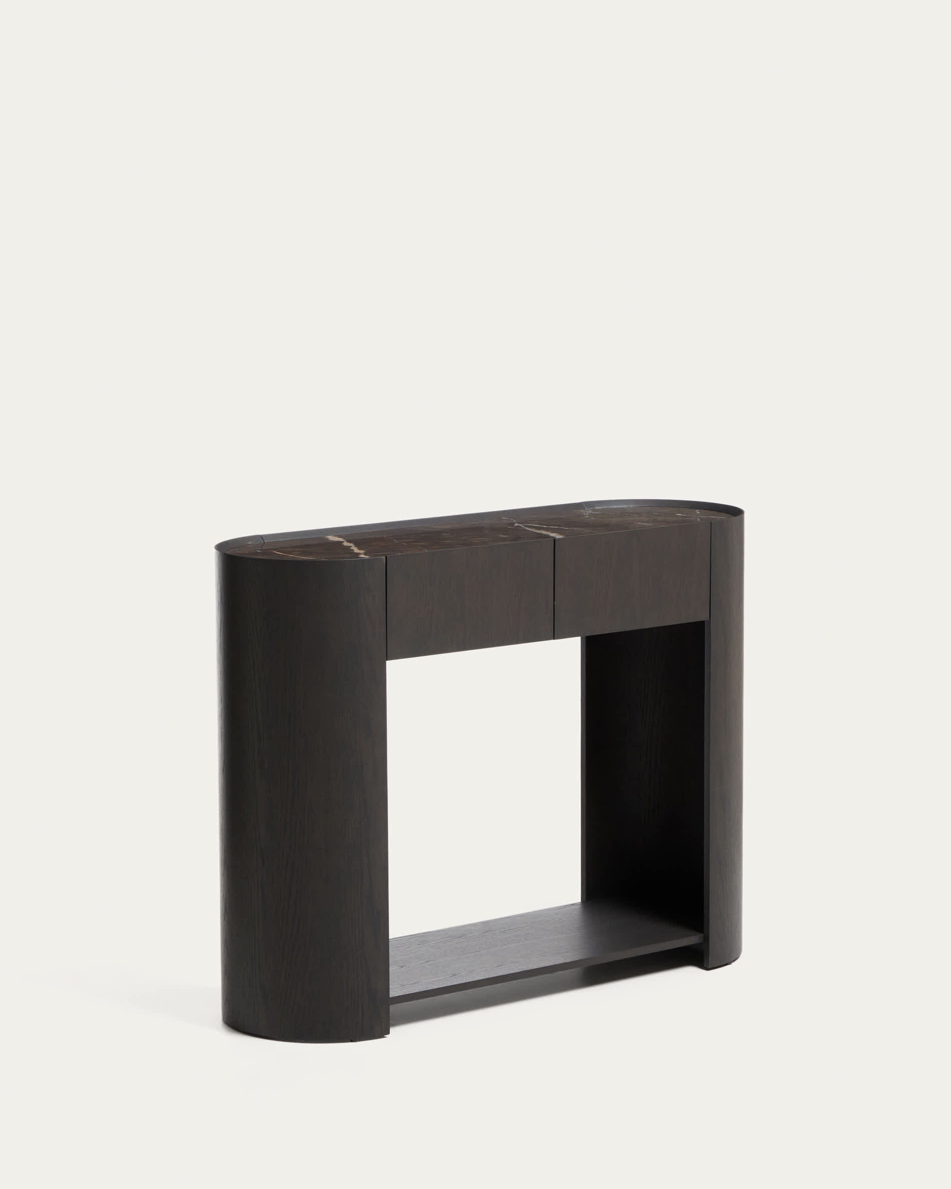 Nemore console table with 2 oak veneer drawers and Emperador marble-effect ceramic top, FSC Mix Credit, 120 x 90 cm