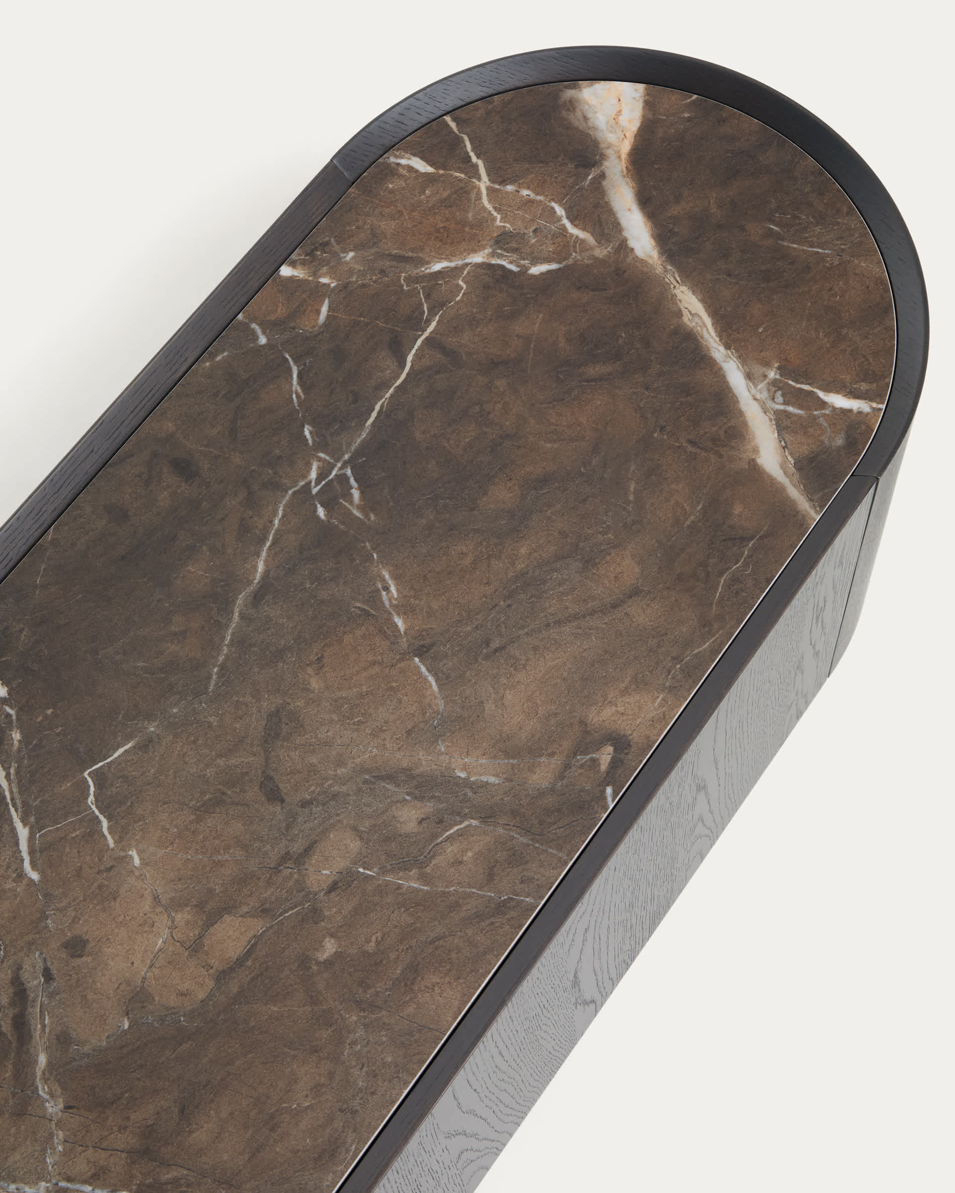 Nemore TV stand with 2 oak veneer drawers and Emperador marble-effect ceramic top, FSC Mix Credit, 200 x 35 cm