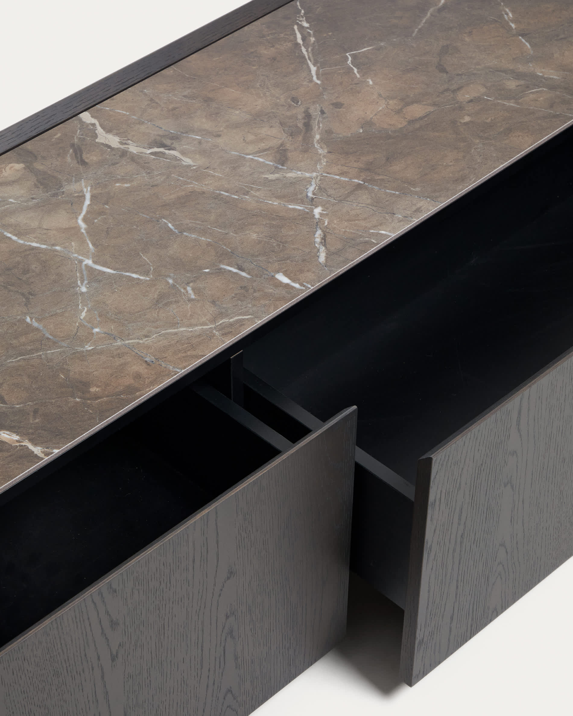 Nemore TV stand with 2 oak veneer drawers and Emperador marble-effect ceramic top, FSC Mix Credit, 200 x 35 cm