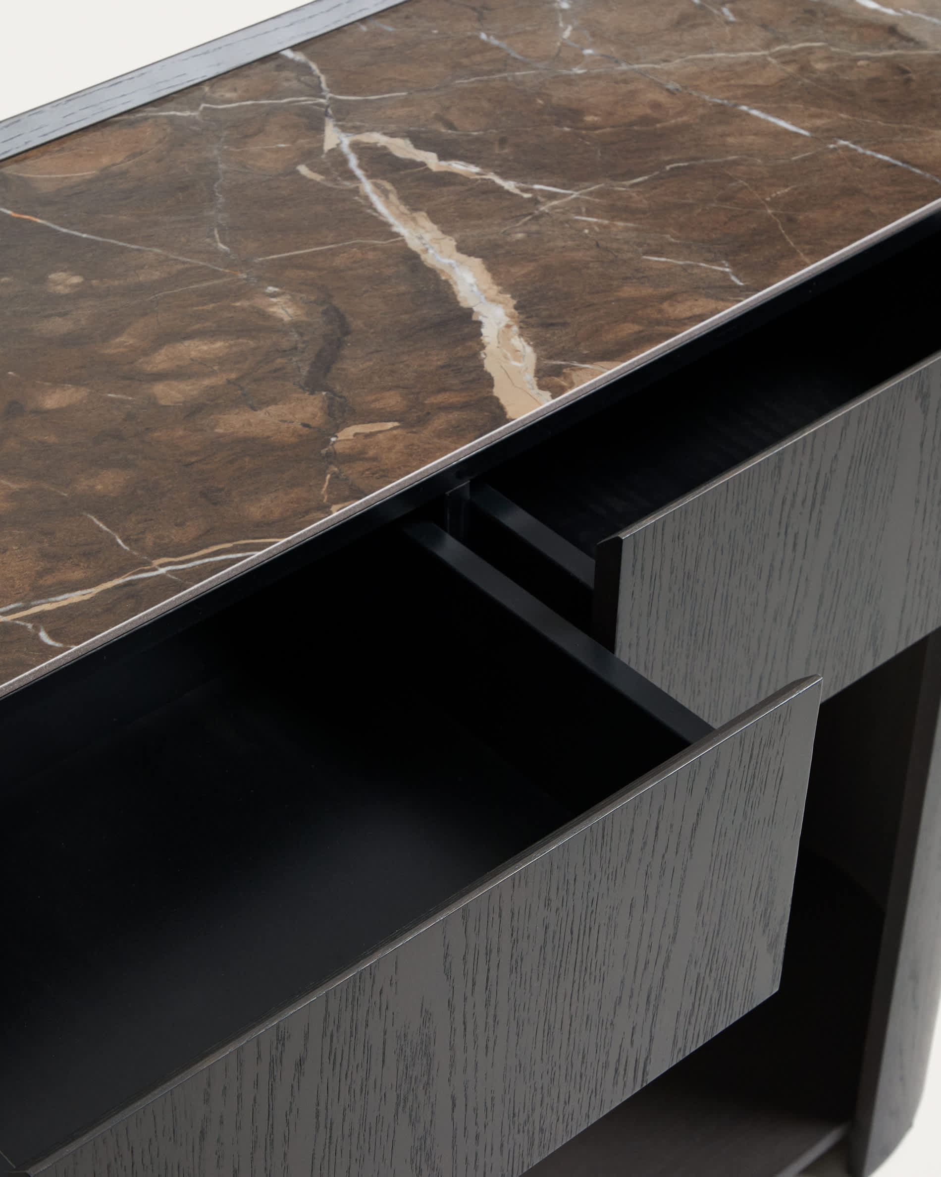 Nemore console table with 2 oak veneer drawers and Emperador marble-effect ceramic top, FSC Mix Credit, 120 x 90 cm