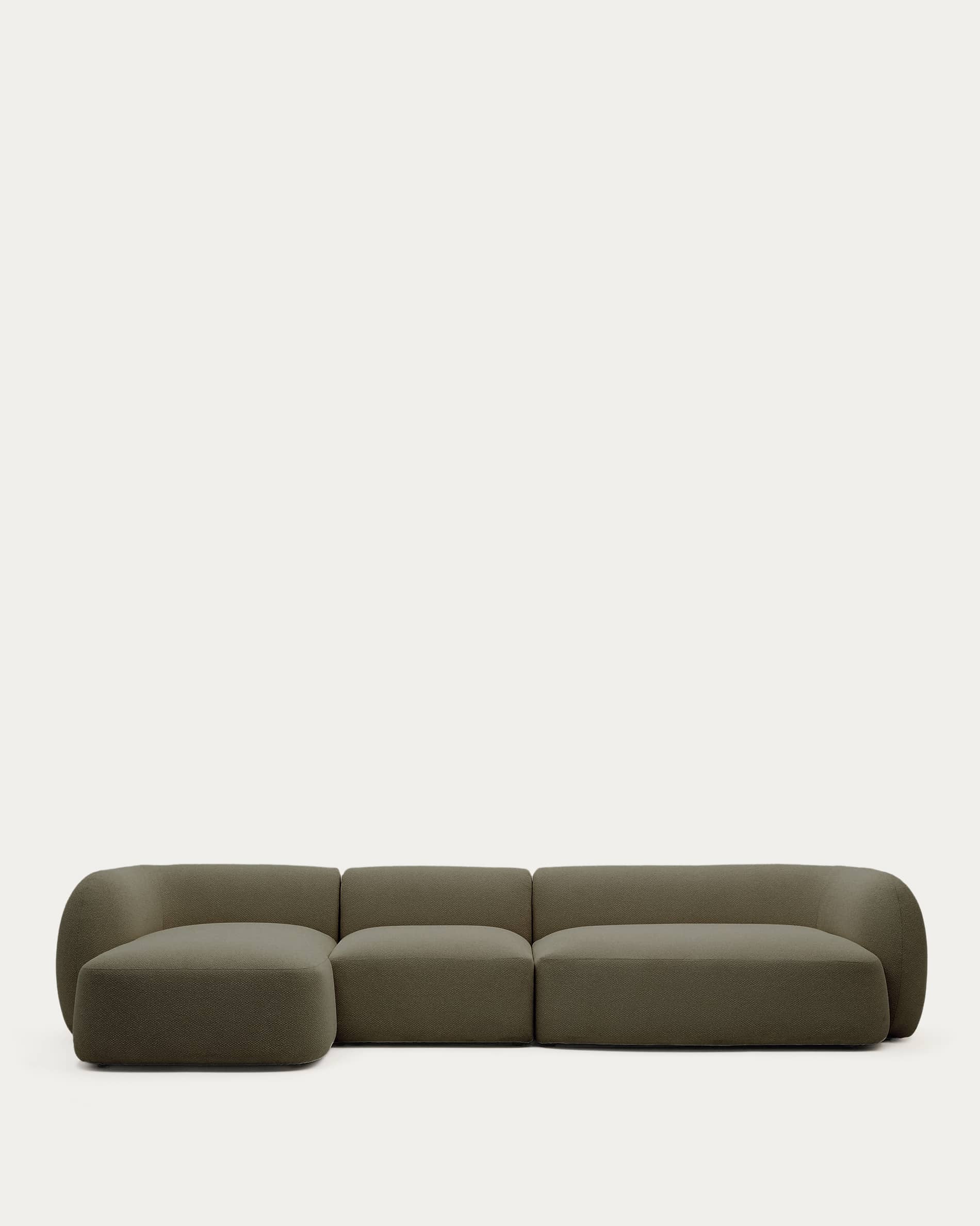 Martina fire-retardant green chenille 4-seater modular sofa with left chaise longue 377 cm