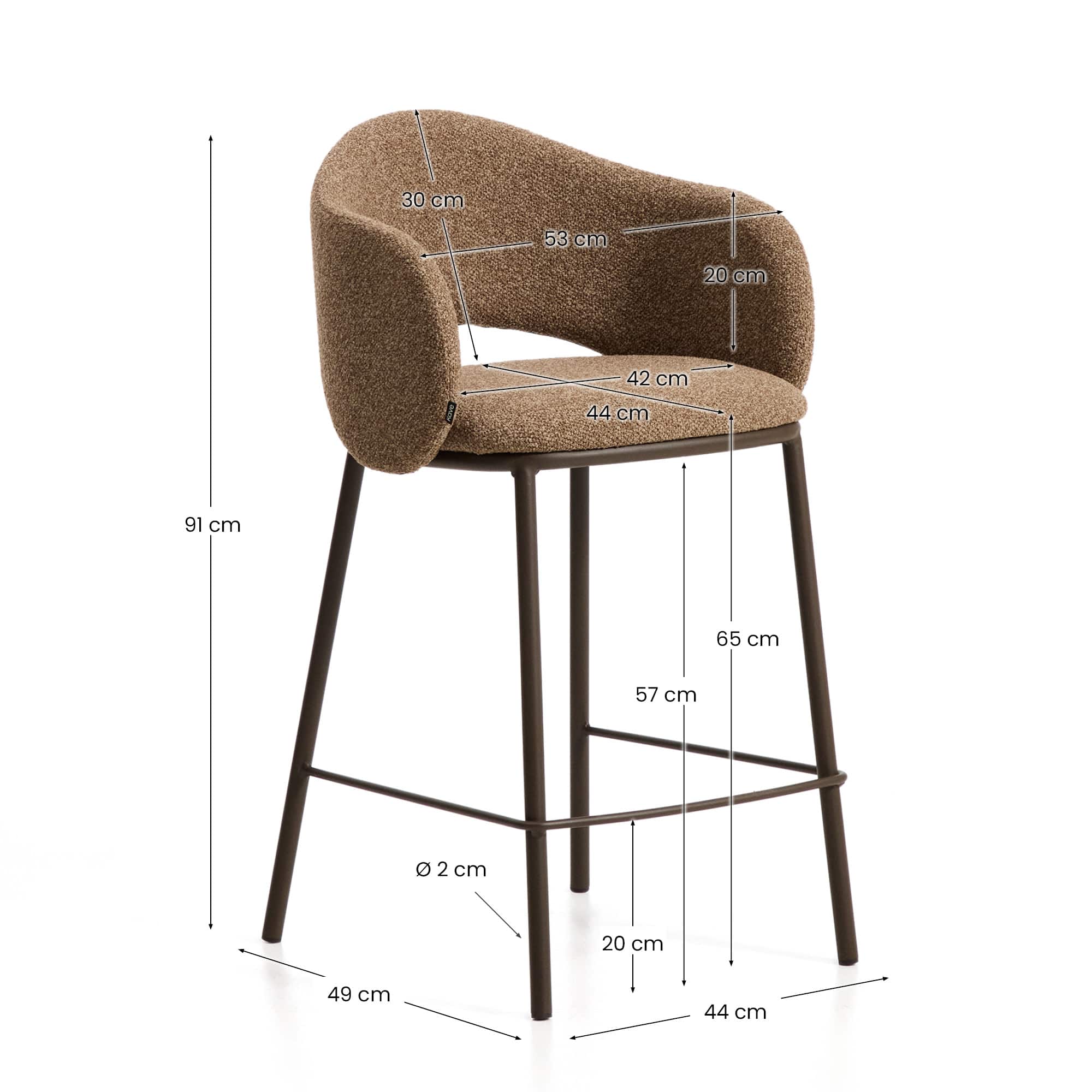 Maina stool in thick brown chenille with steel legs in a brown finish, FSC Mix Credit, 65 cm