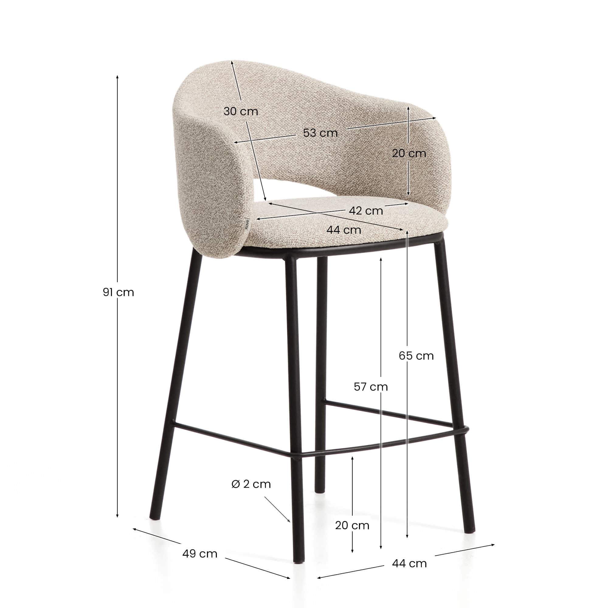 Maina stool in thick beige chenille with steel legs in a black finish, FSC Mix Credit, 65 cm