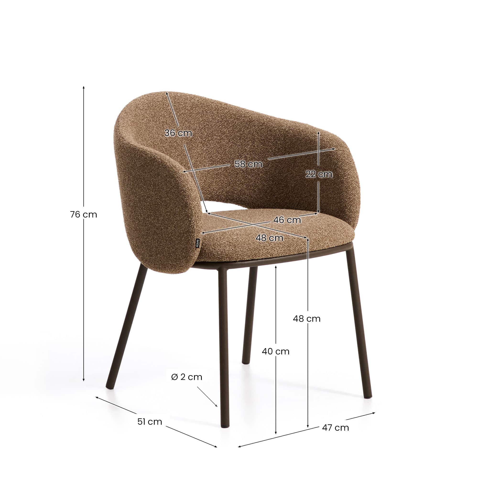 Maina chair in thick brown chenille with steel legs in a brown finish, FSC Mix Credit