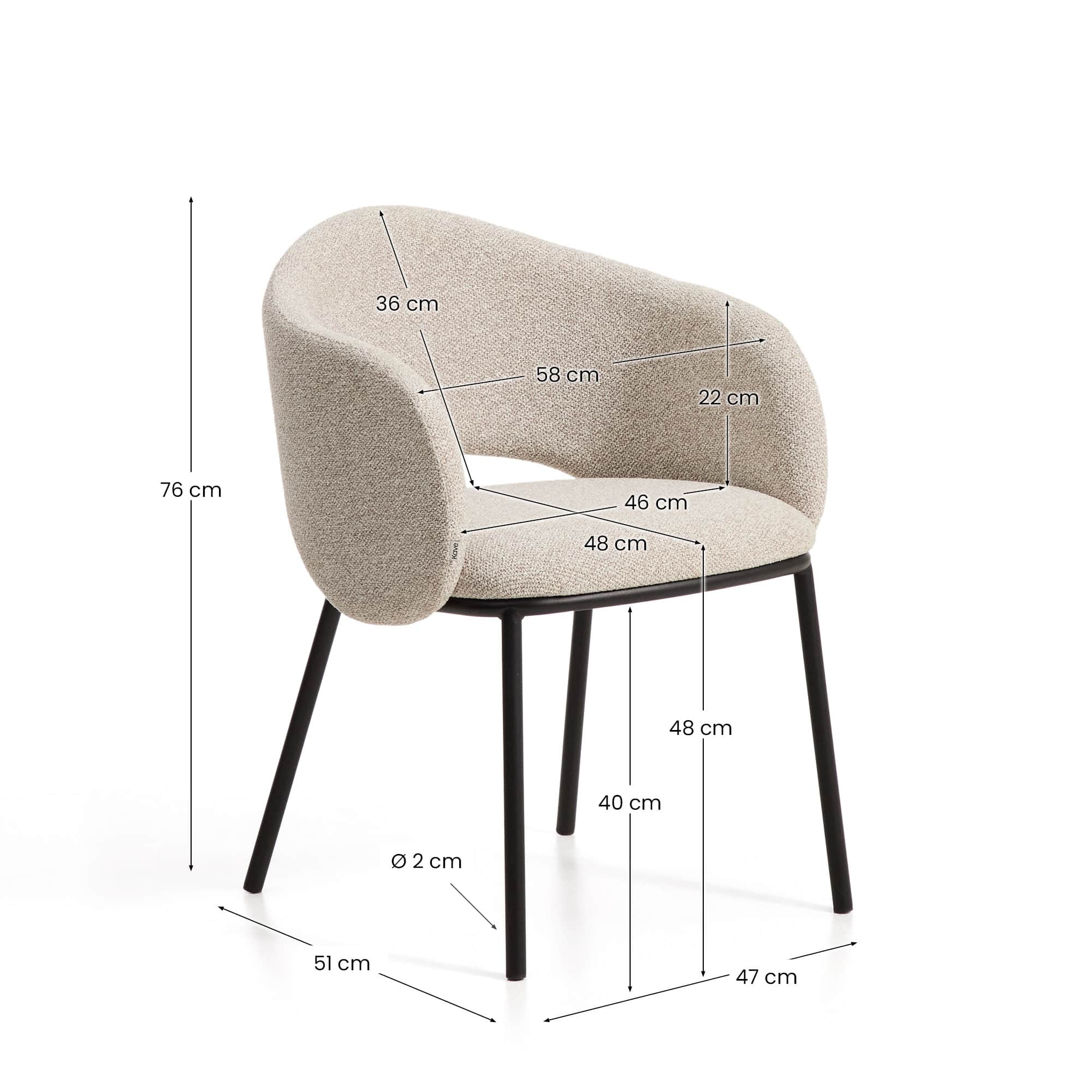 Maina chair in thick beige chenille with steel legs in a black finish, FSC Mix Credit