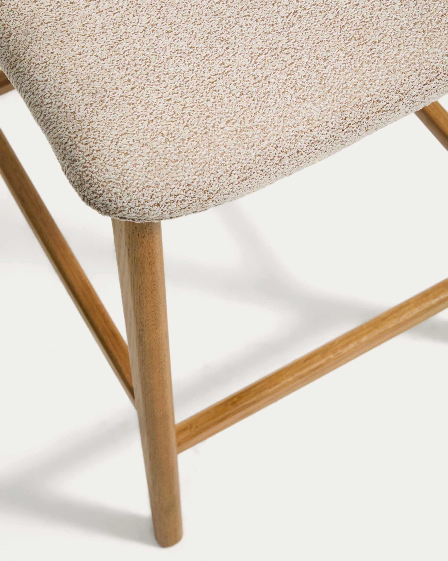 Elnor stool in beige chenille with solid oak wood legs in a natural finish 65cm