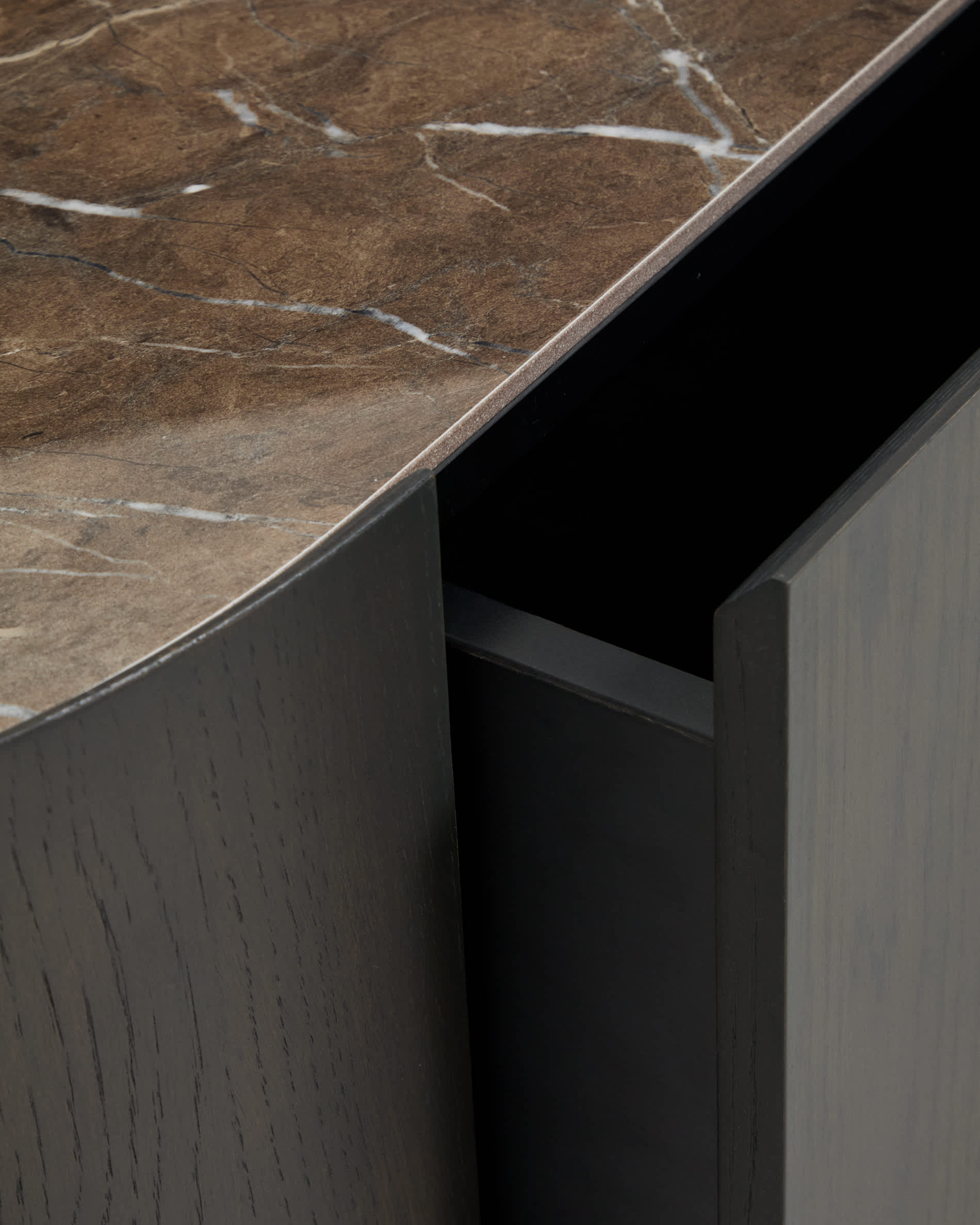 Nemore coffee table with 1 oak veneer drawer and Emperador marble-effect ceramic top, FSC Mix Credit, 140 x 60 cm