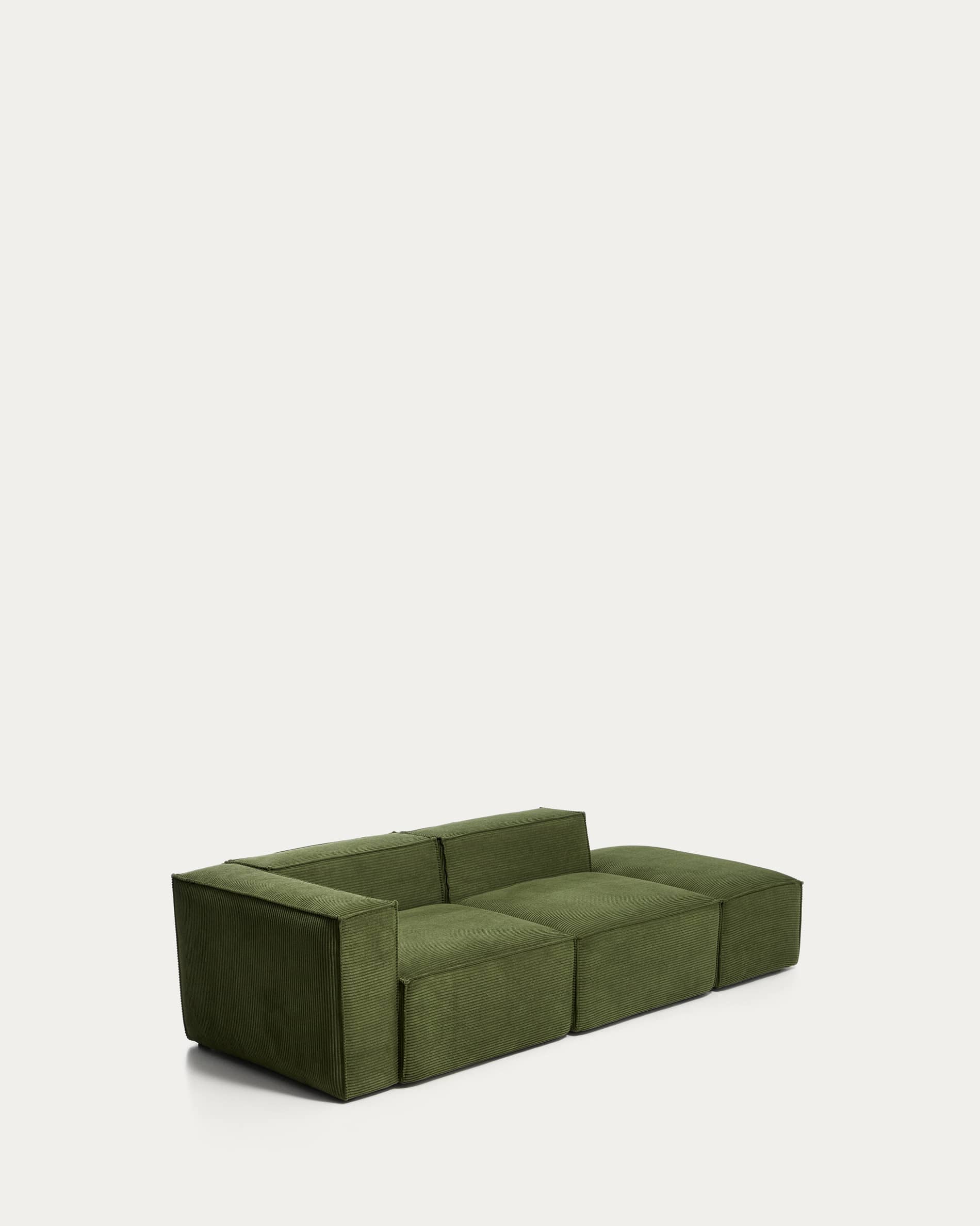 Blok 3-seater sofa with left armrest and end pouffe in thick green corduroy 270cm FSC Mix Credit