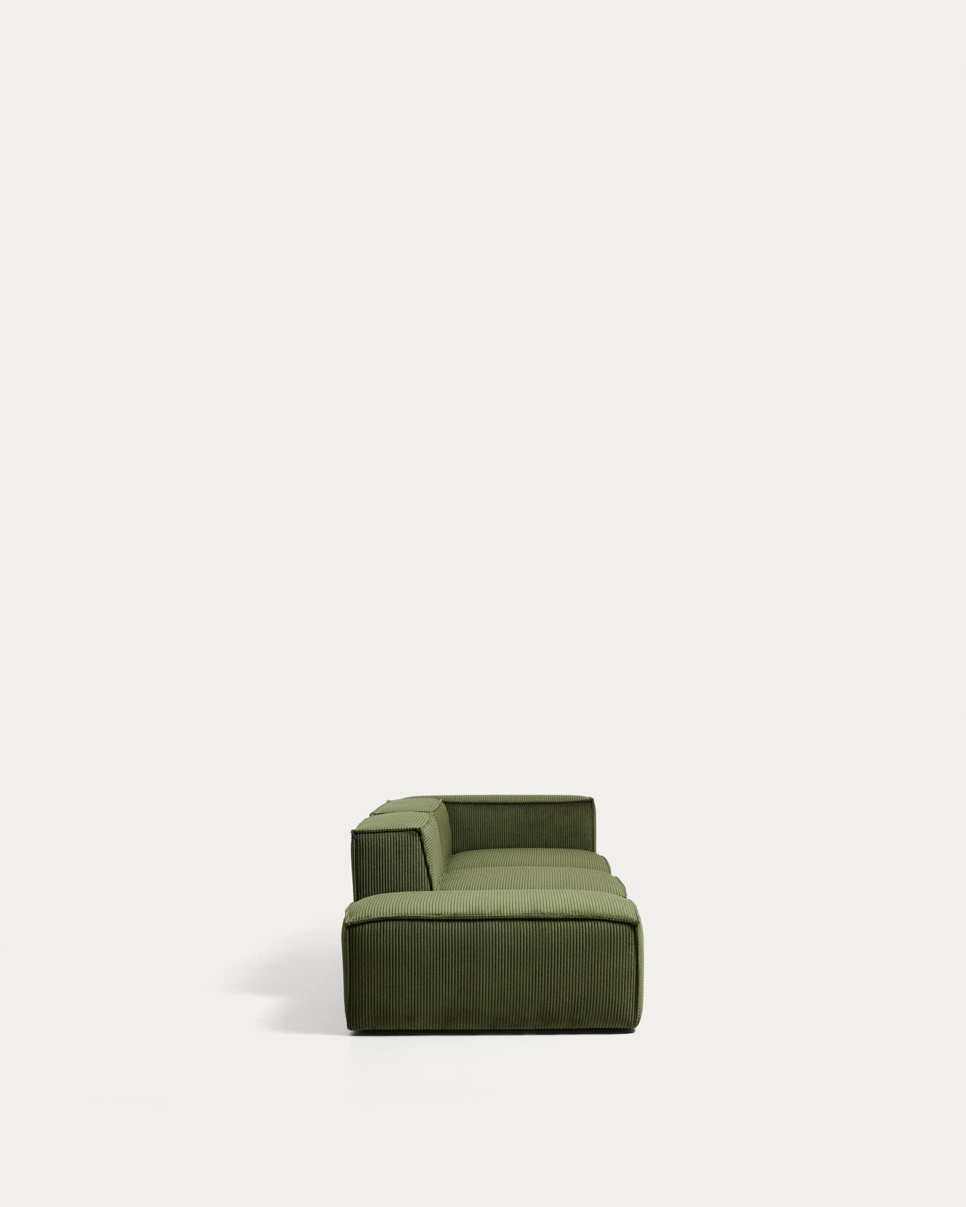 Blok 3-seater sofa with right armrest and end pouffe in thick green corduroy 270cm FSC Mix Credit