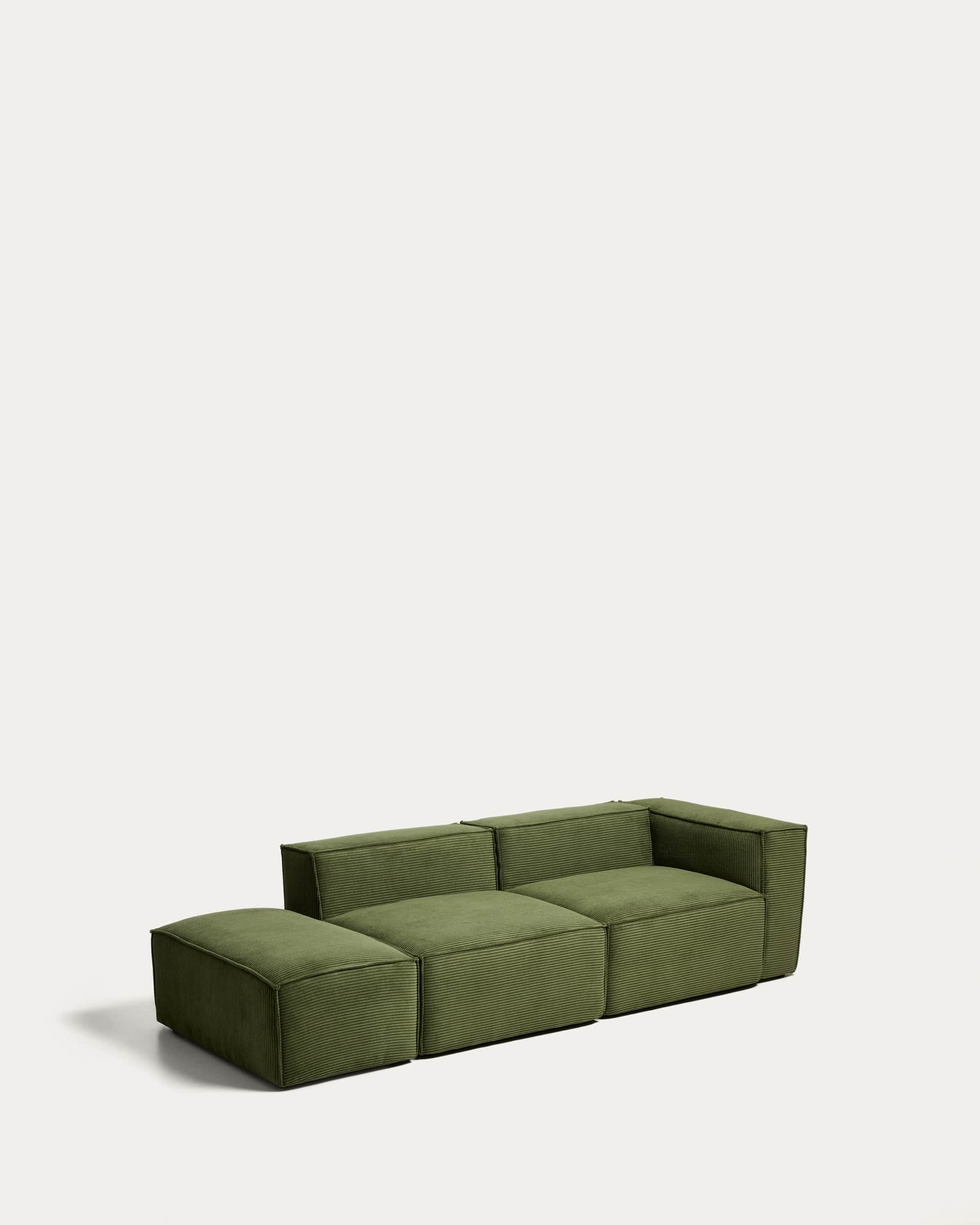 Blok 3-seater sofa with right armrest and end pouffe in thick green corduroy 270cm FSC Mix Credit