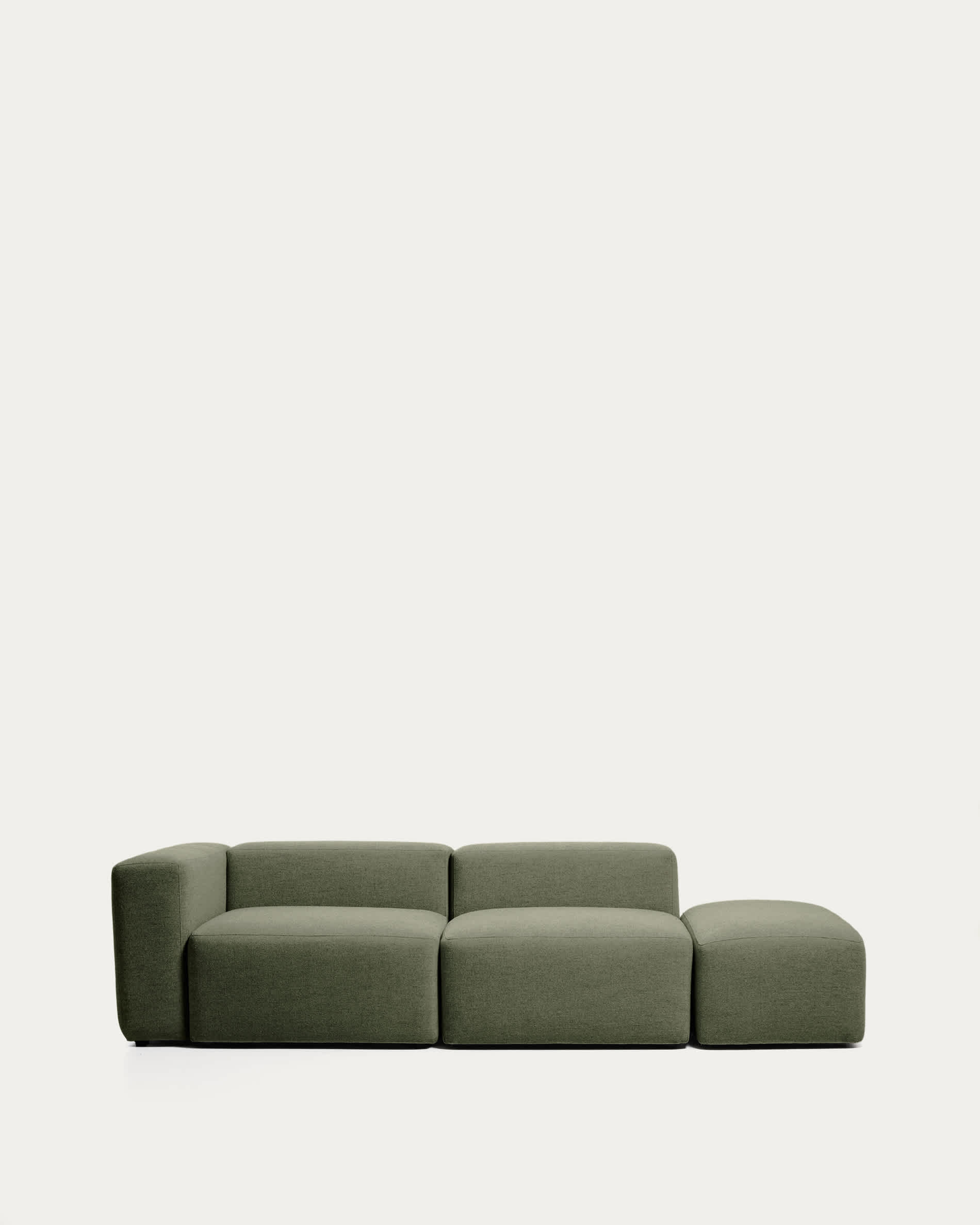 Blok 3-seater sofa with left armrest and end pouffe in moss green chenille 270cm FSC Mix Credit