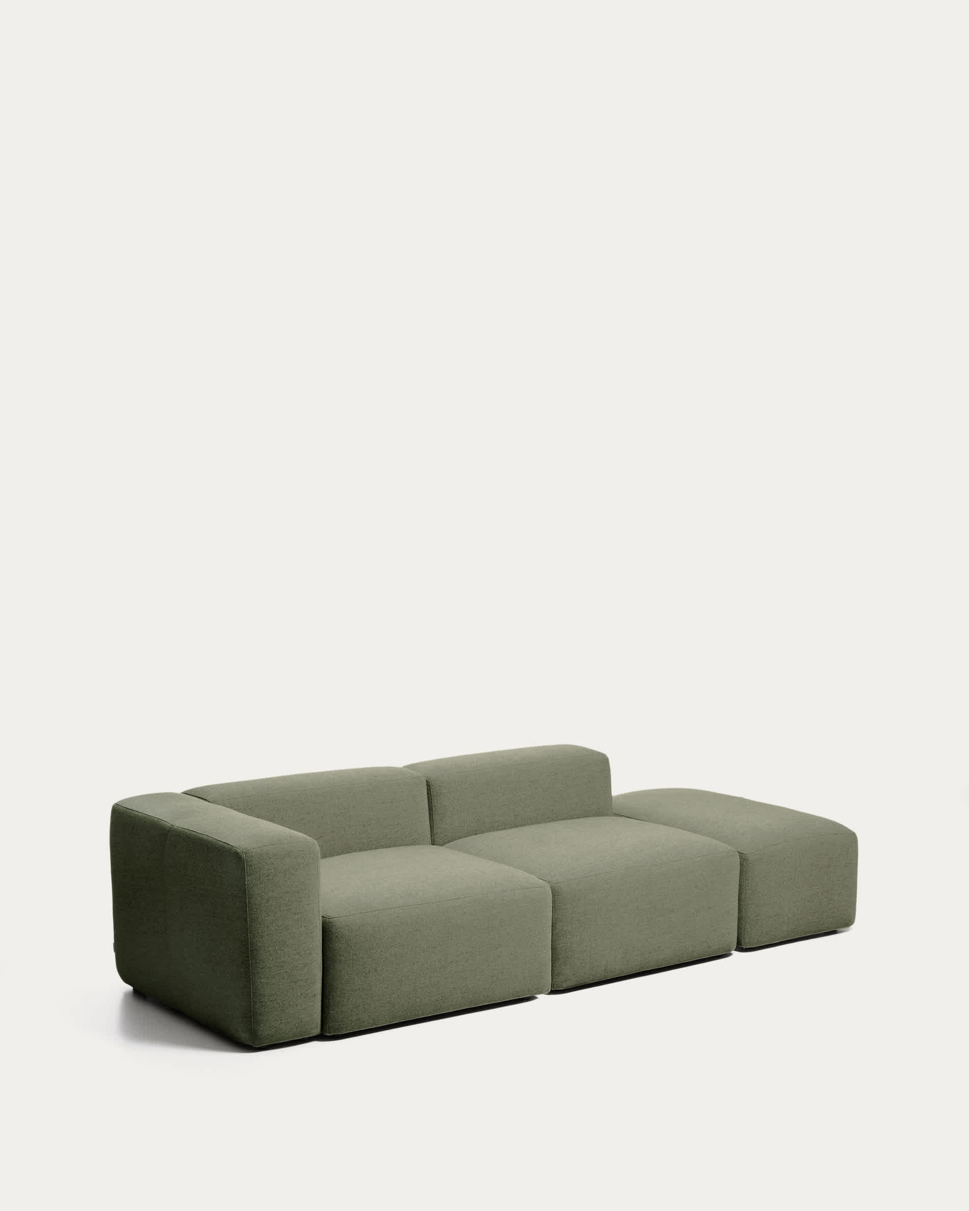 Blok 3-seater sofa with left armrest and end pouffe in moss green chenille 270cm FSC Mix Credit
