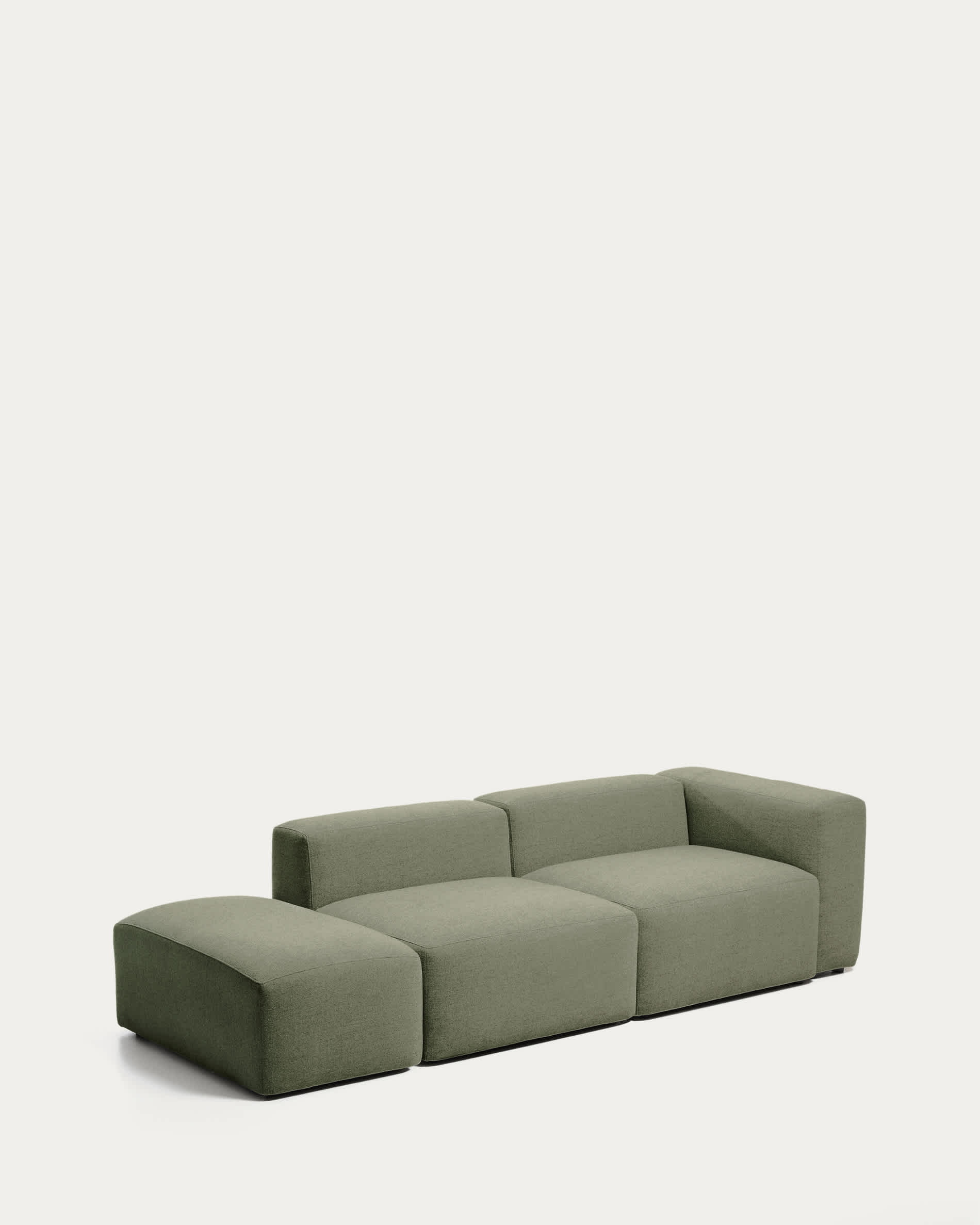 Blok 3-seater sofa with right armrest and end pouffe in moss green chenille 270cm FSC Mix Credit