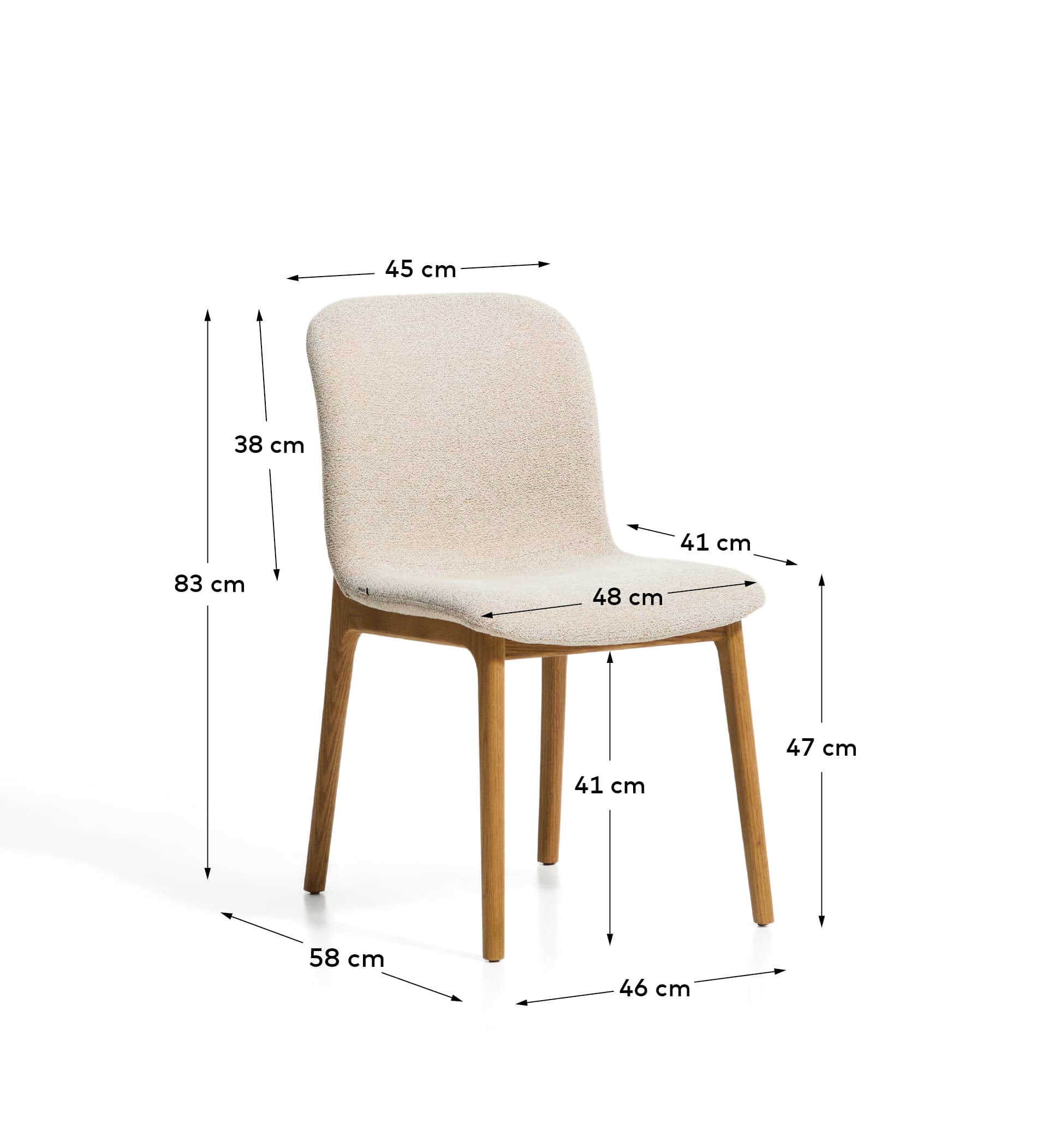 Elnor chair in beige chenille with solid oak wood legs in a natural finish