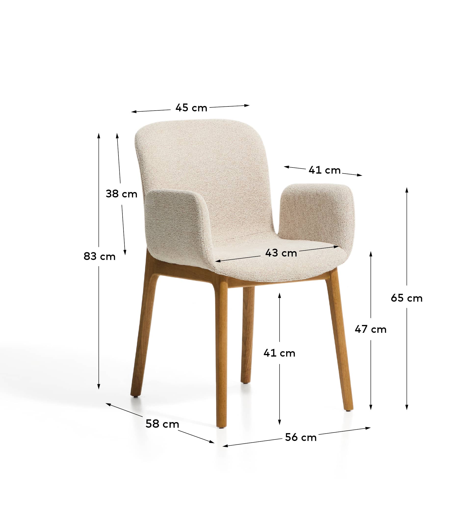 Elnor chair with armrests in beige chenille with solid oak wood legs in a natural finish