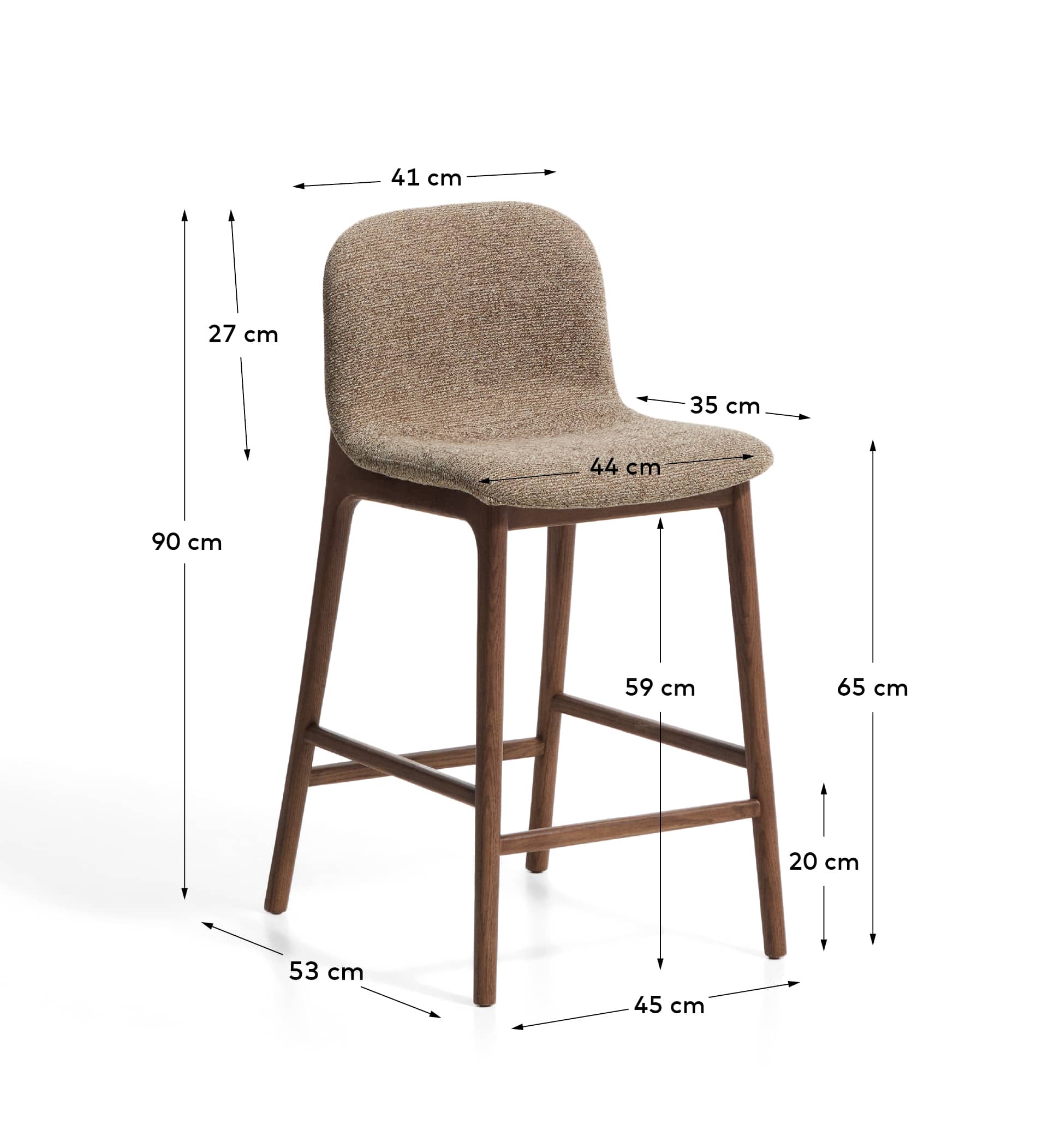Elnor stool in brown chenille with solid oak wood legs in a walnut finish 65cm