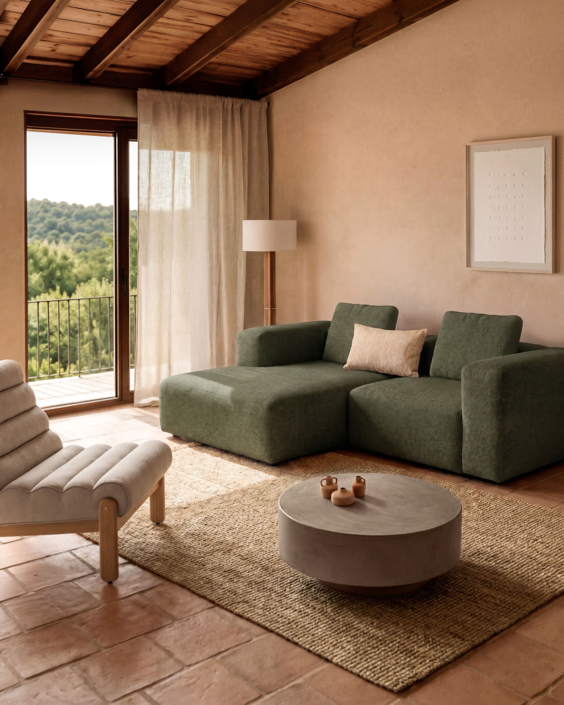 Blok 2-seater moss green chenille left chaise longue sofa 240cm FSC Mix Credit