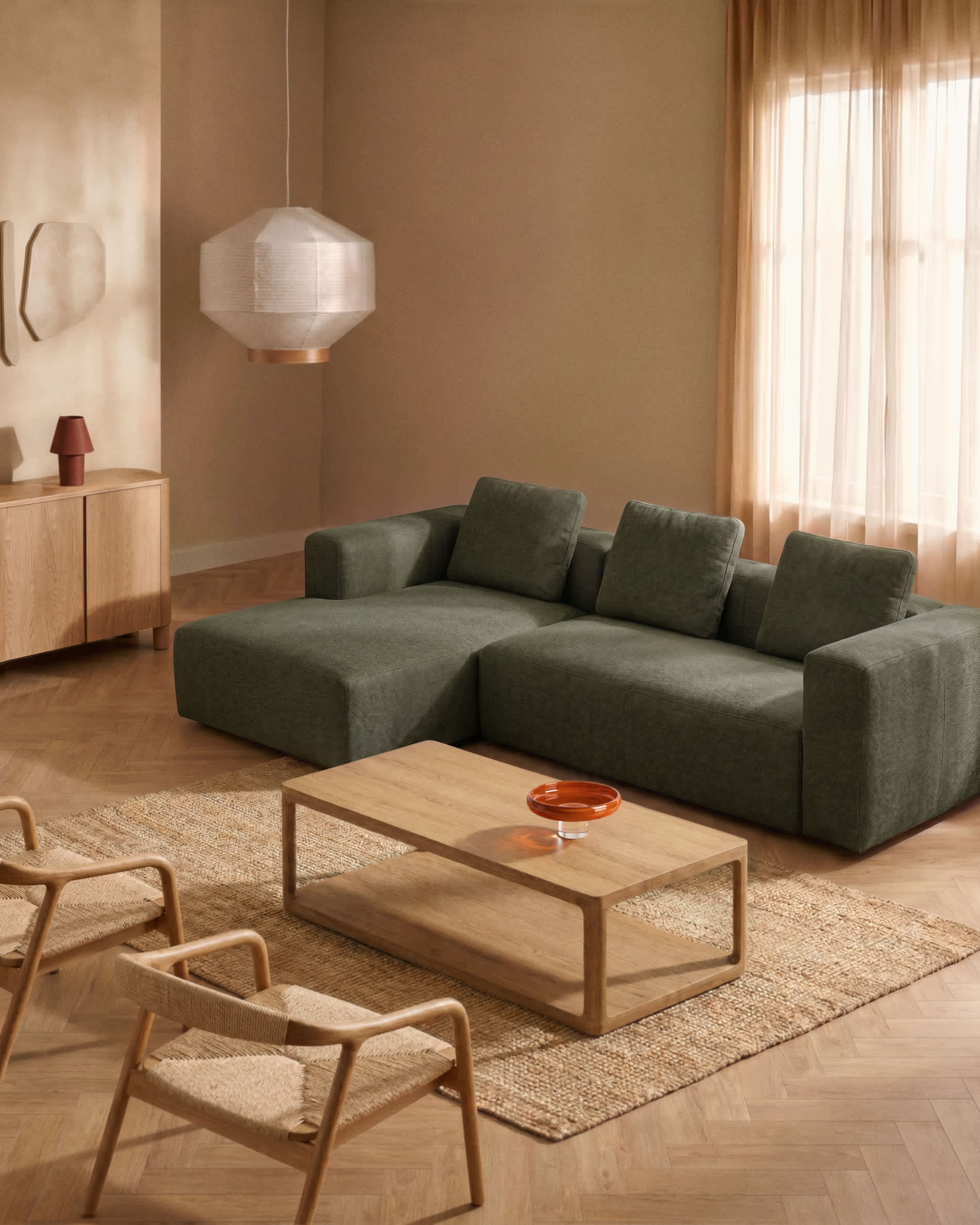 Blok 3-seater sofa with right chaise longue in moss green chenille 300cm FSC Mix Credit