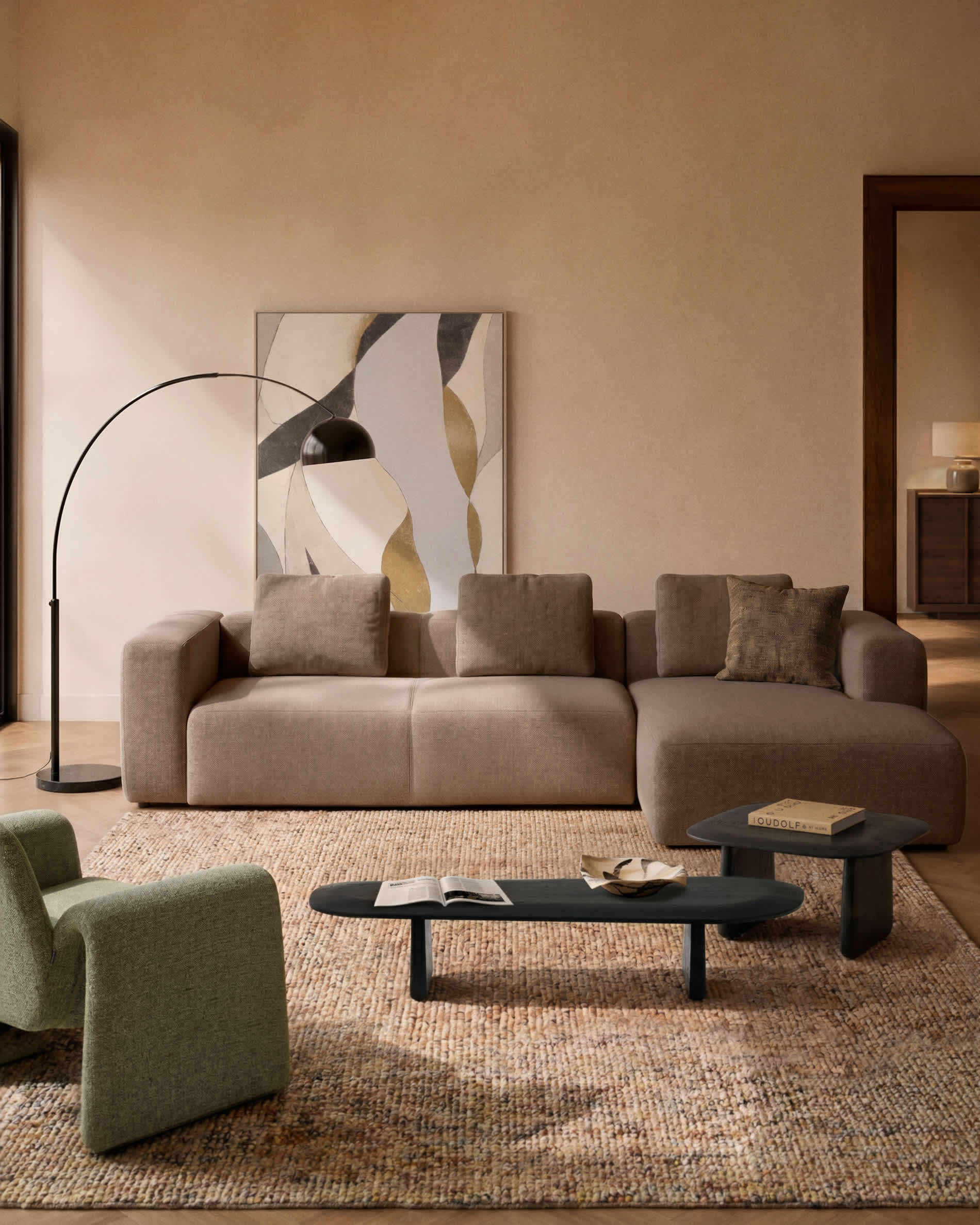 Blok 4-seater sofa with left chaise longue in brown chenille 330cm FSC Mix Credit