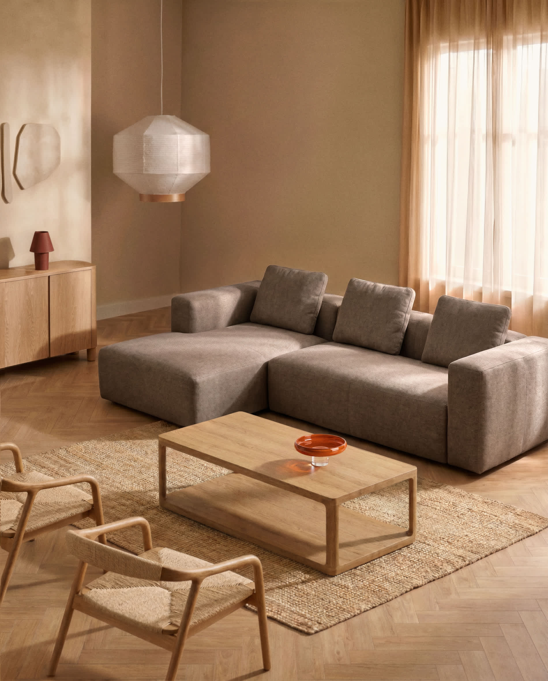 Blok 3-seater sofa with right chaise longue in brown chenille 300cm FSC Mix Credit