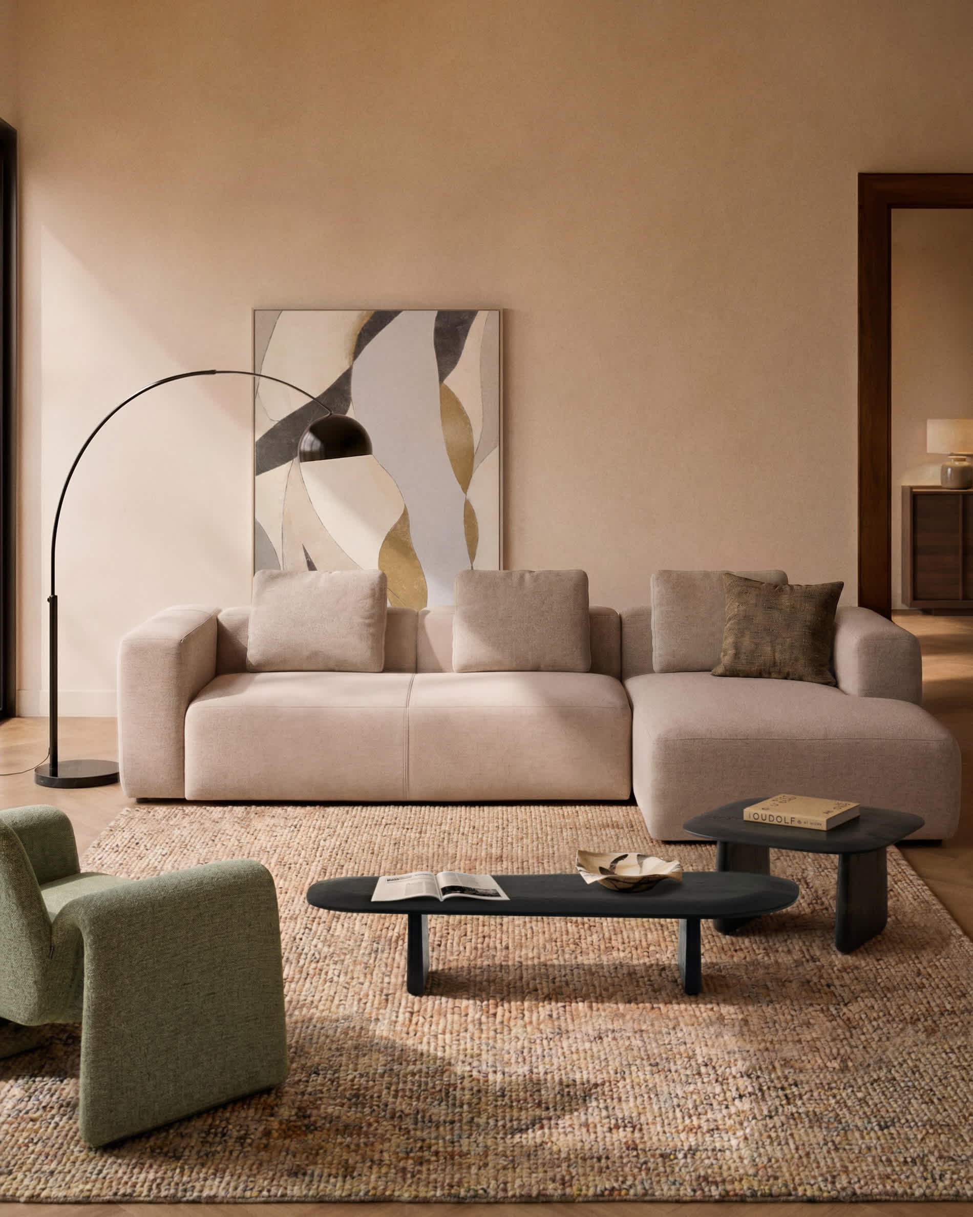 Blok 4-seater beige chenille right chaise longue sofa 330cm FSC Mix Credit