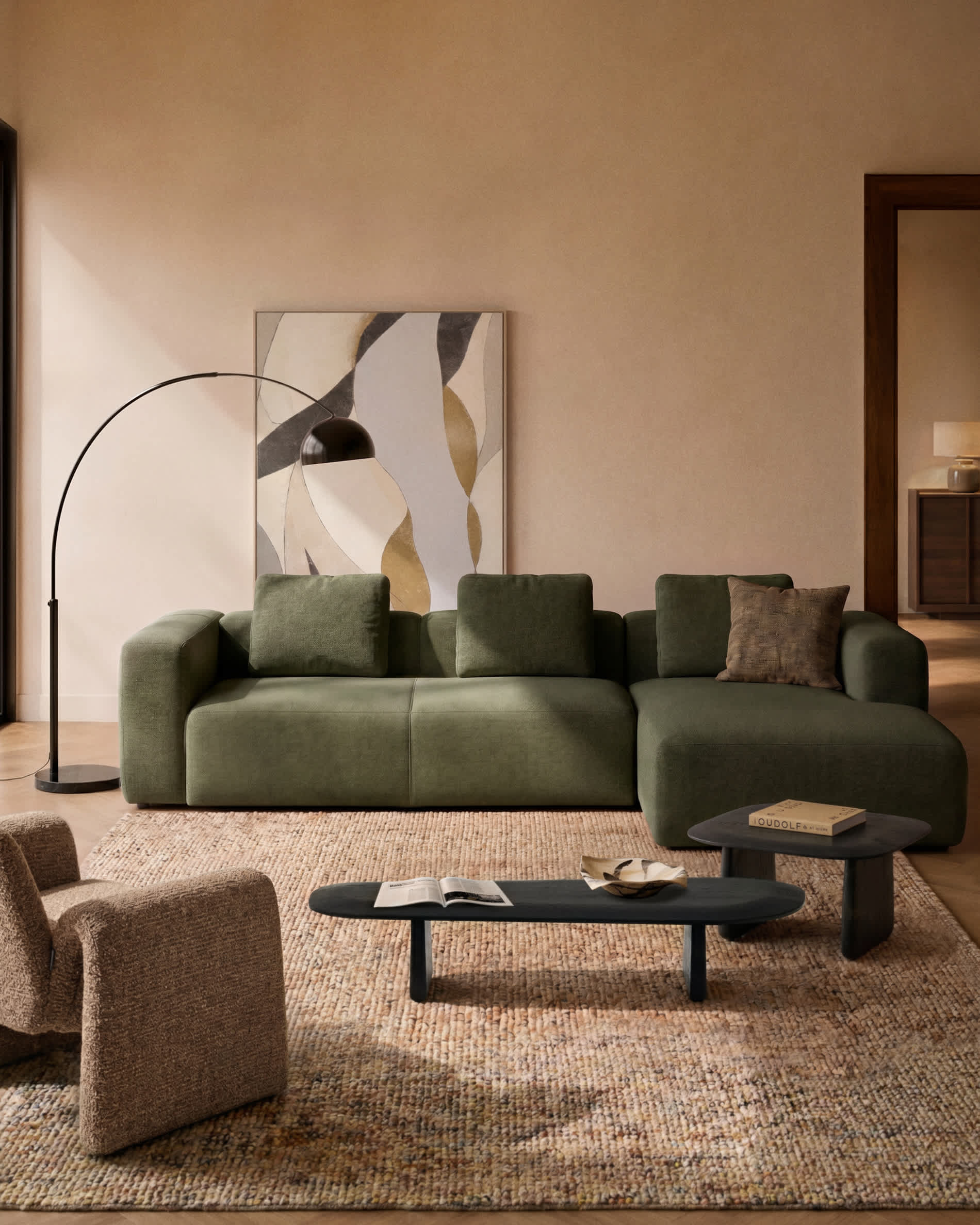 Blok 4-seater sofa with left chaise longue in moss green chenille 330cm FSC Mix Credit