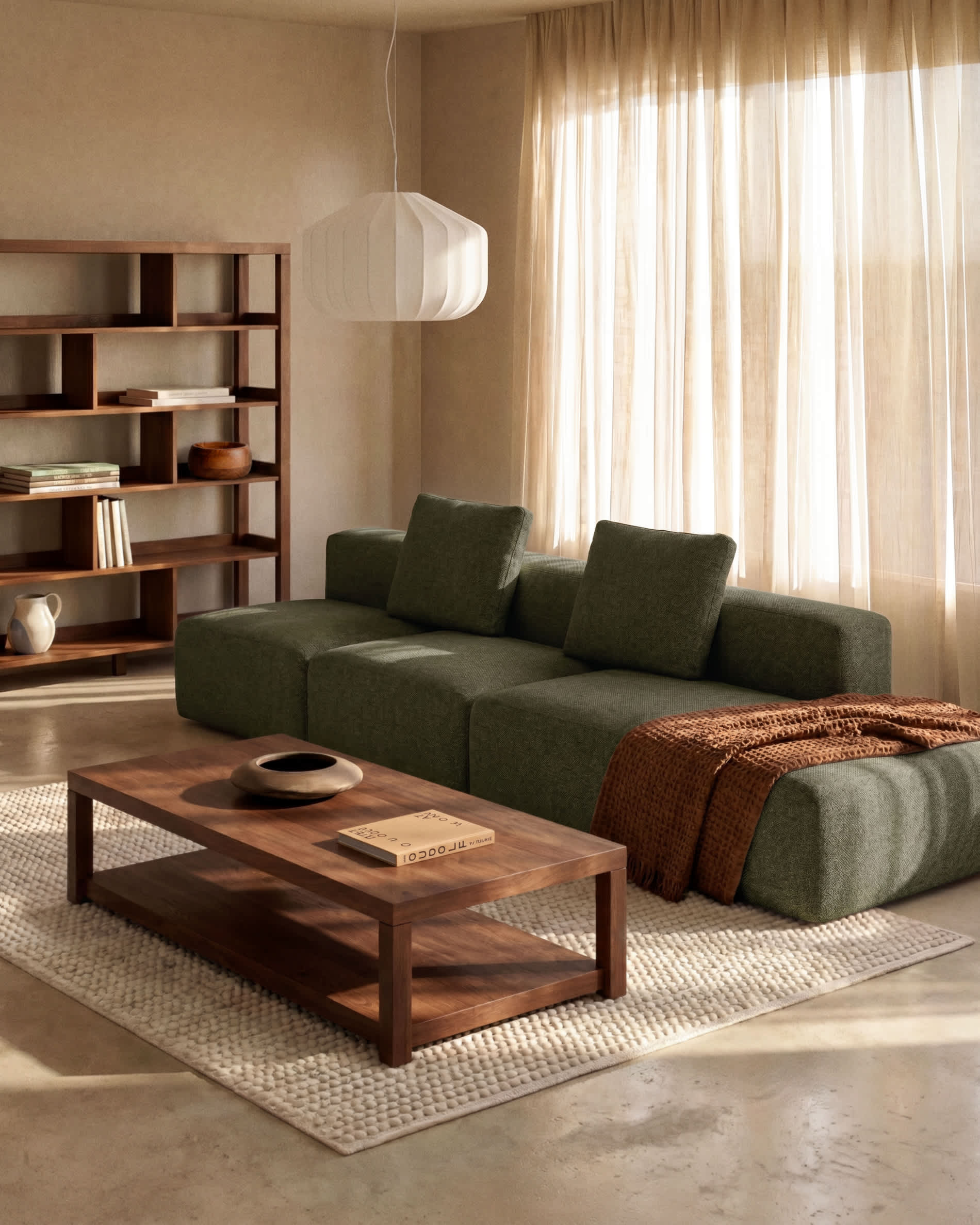Blok moss green chenille 3-seater sofa with right terminal 325cm FSC Mix Credit