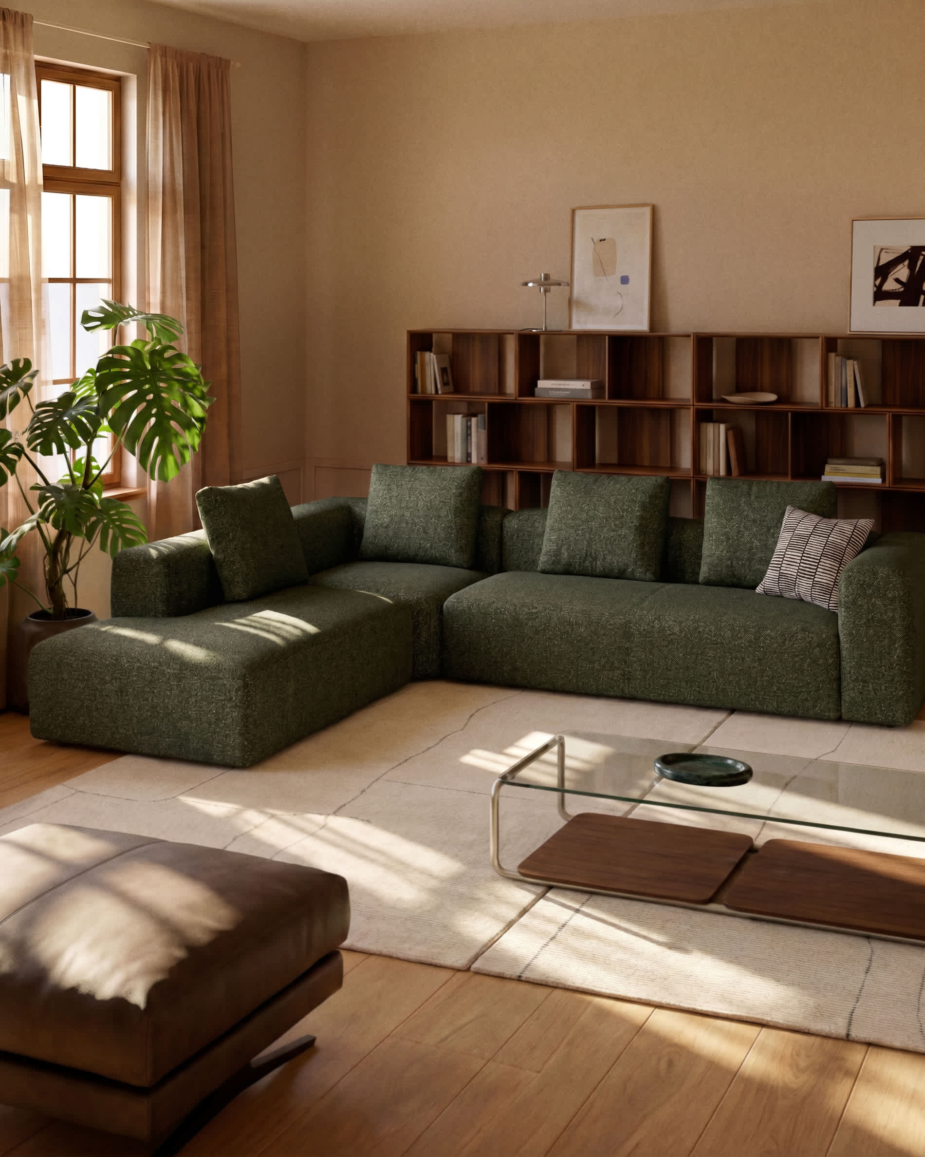Blok moss green chenille 5-seater corner sofa with right terminal 320 x 255cm FSC Mix Credit
