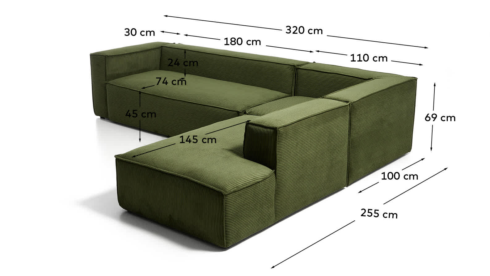 Blok 5-seater corner sofa with right terminal in green thick corduroy 320 x 255cm FSC Mix Credit