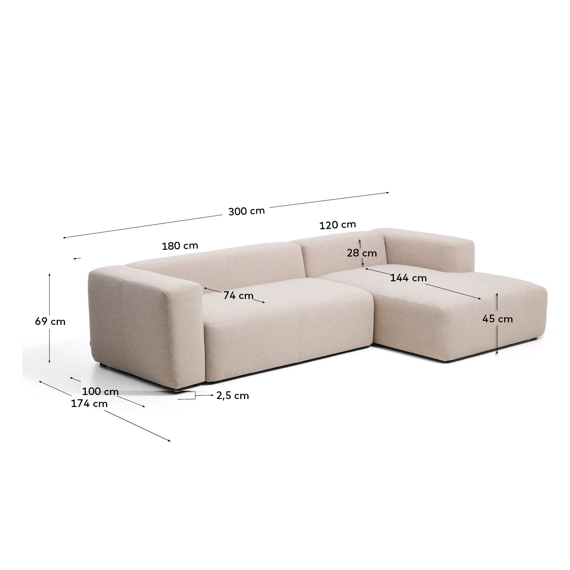 Blok 3-seater sofa with right chaise longue in beige chenille 300cm FSC Mix Credit