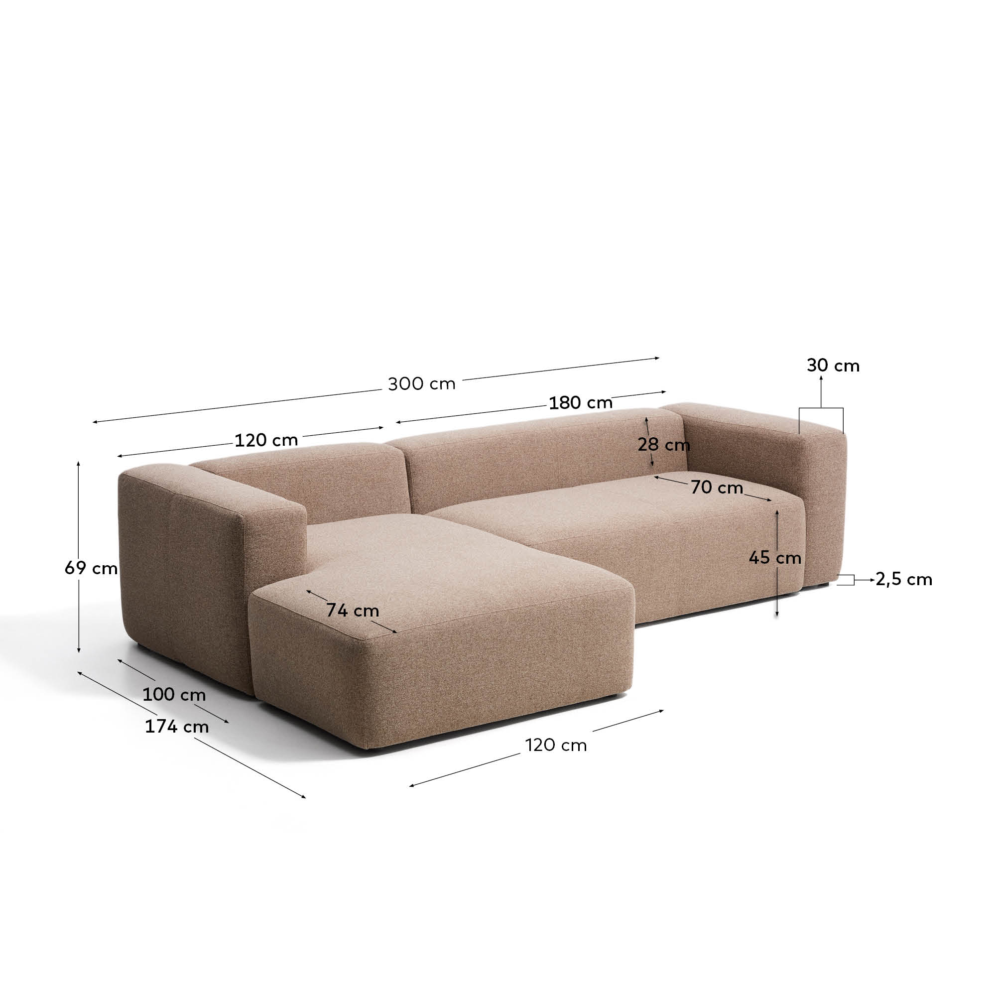 Blok 3-seater sofa with left chaise longue in brown chenille 300cm FSC Mix Credit