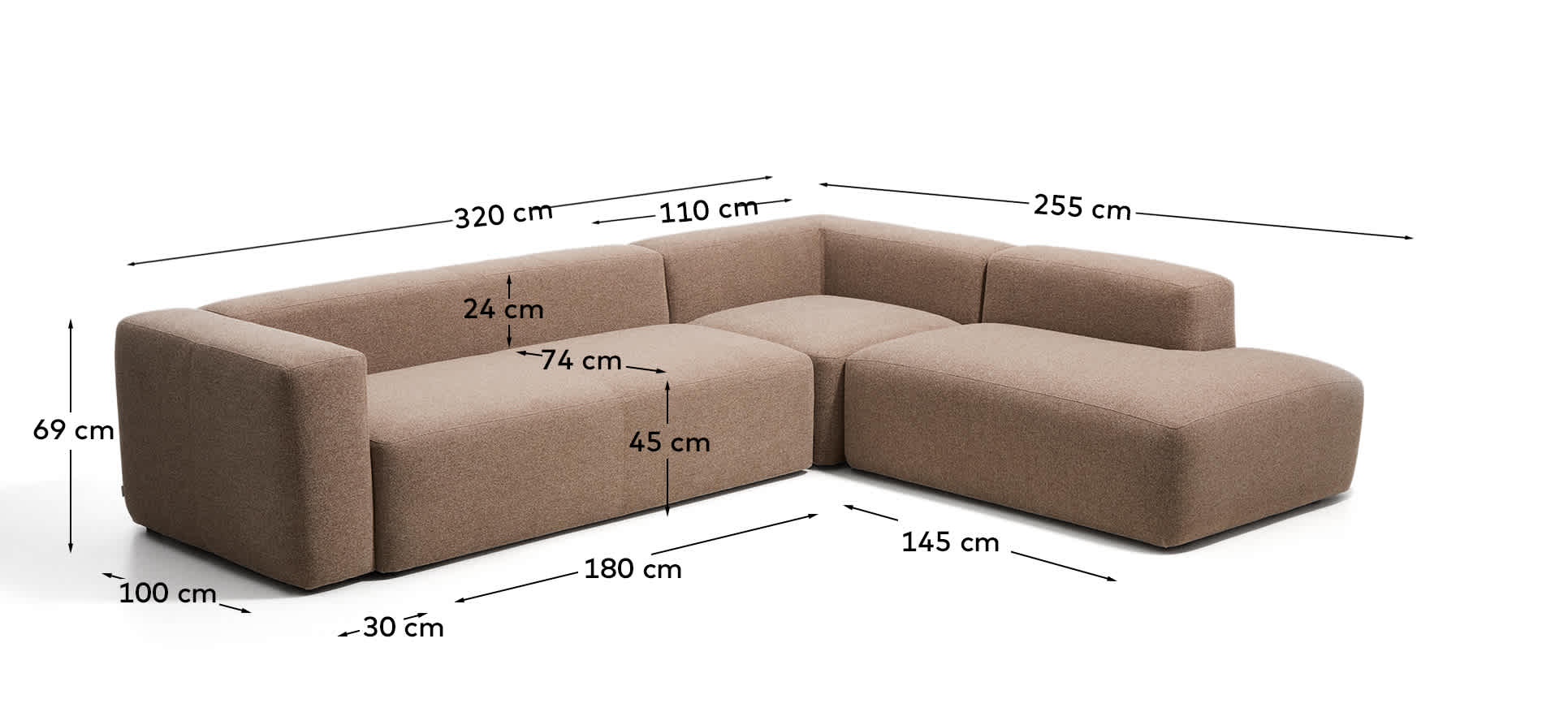 Blok brown chenille 5-seater corner sofa with right terminal 320 x 255cm FSC Mix Credit