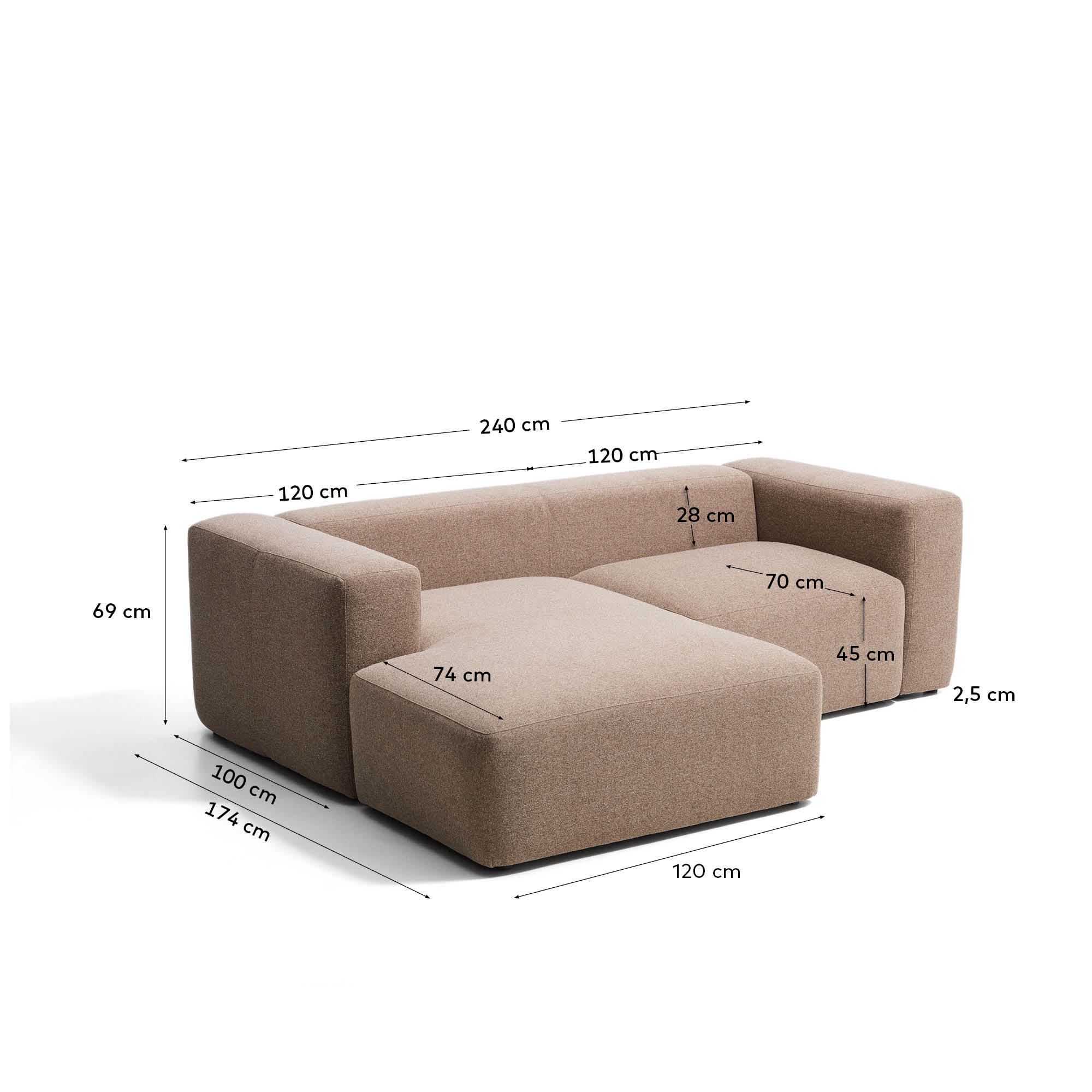 Blok 2-seater brown chenille left chaise longue sofa 240cm FSC Mix Credit