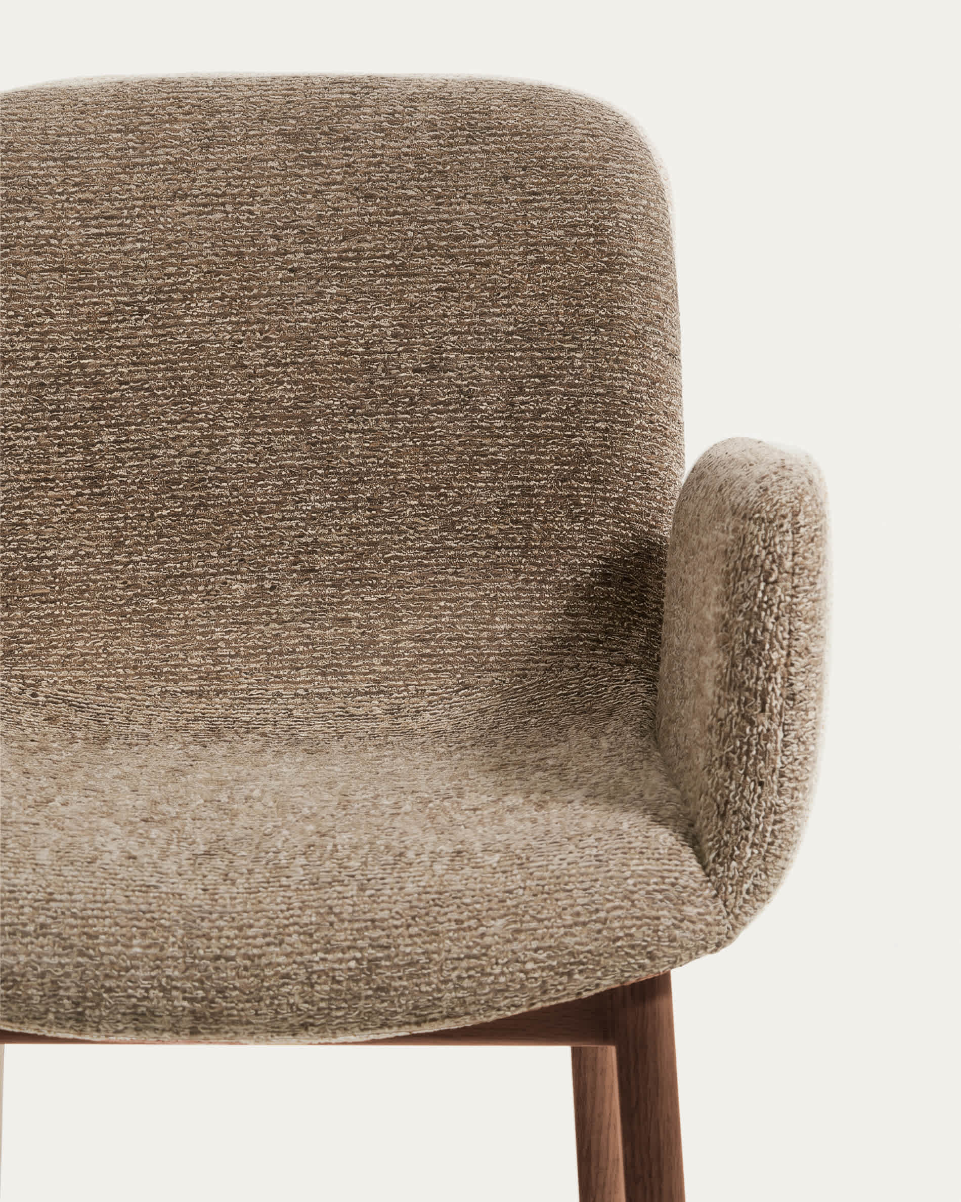 Elnor chair with armrests in brown chenille with solid oak wood legs in a walnut finish