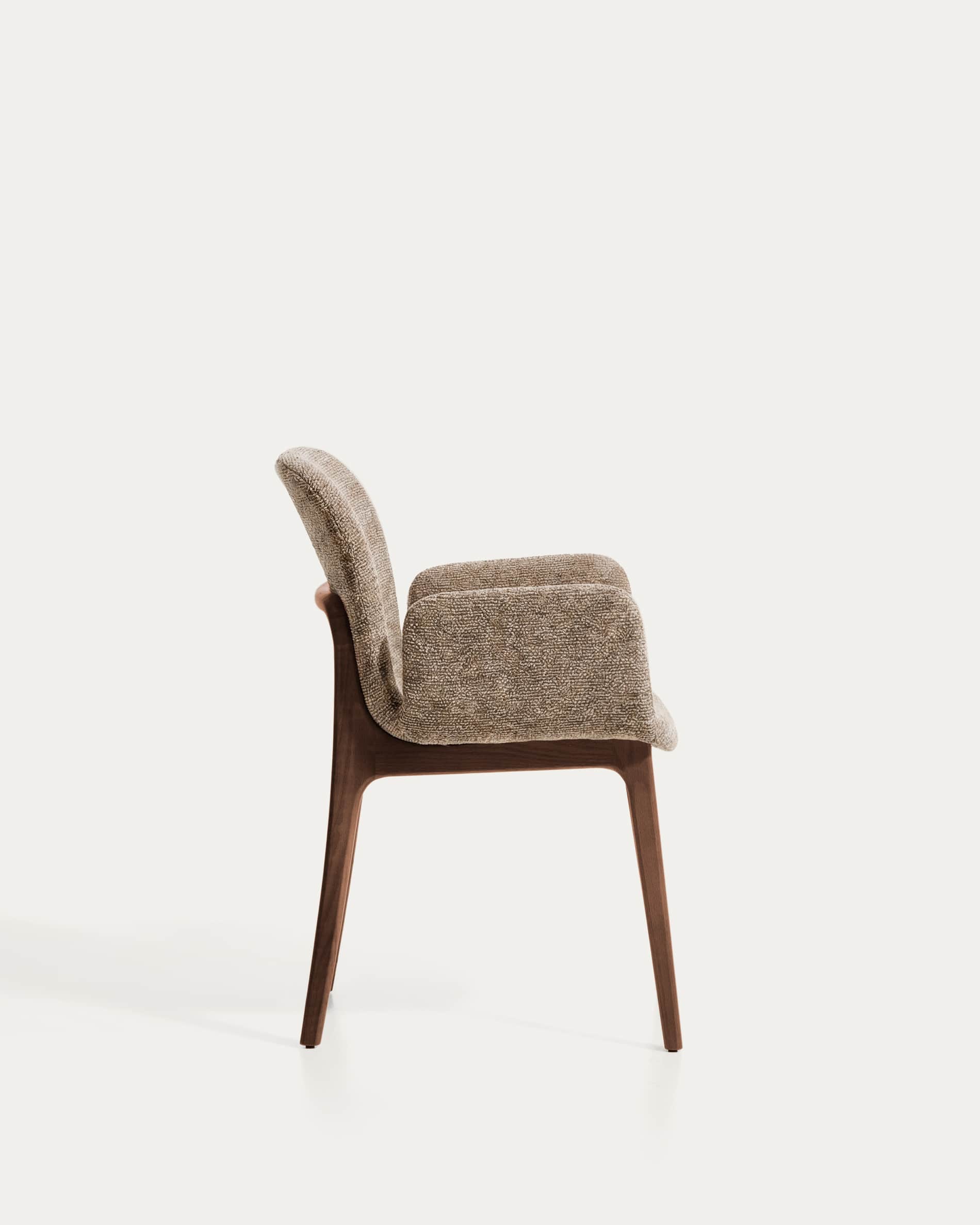 Elnor chair with armrests in brown chenille with solid oak wood legs in a walnut finish