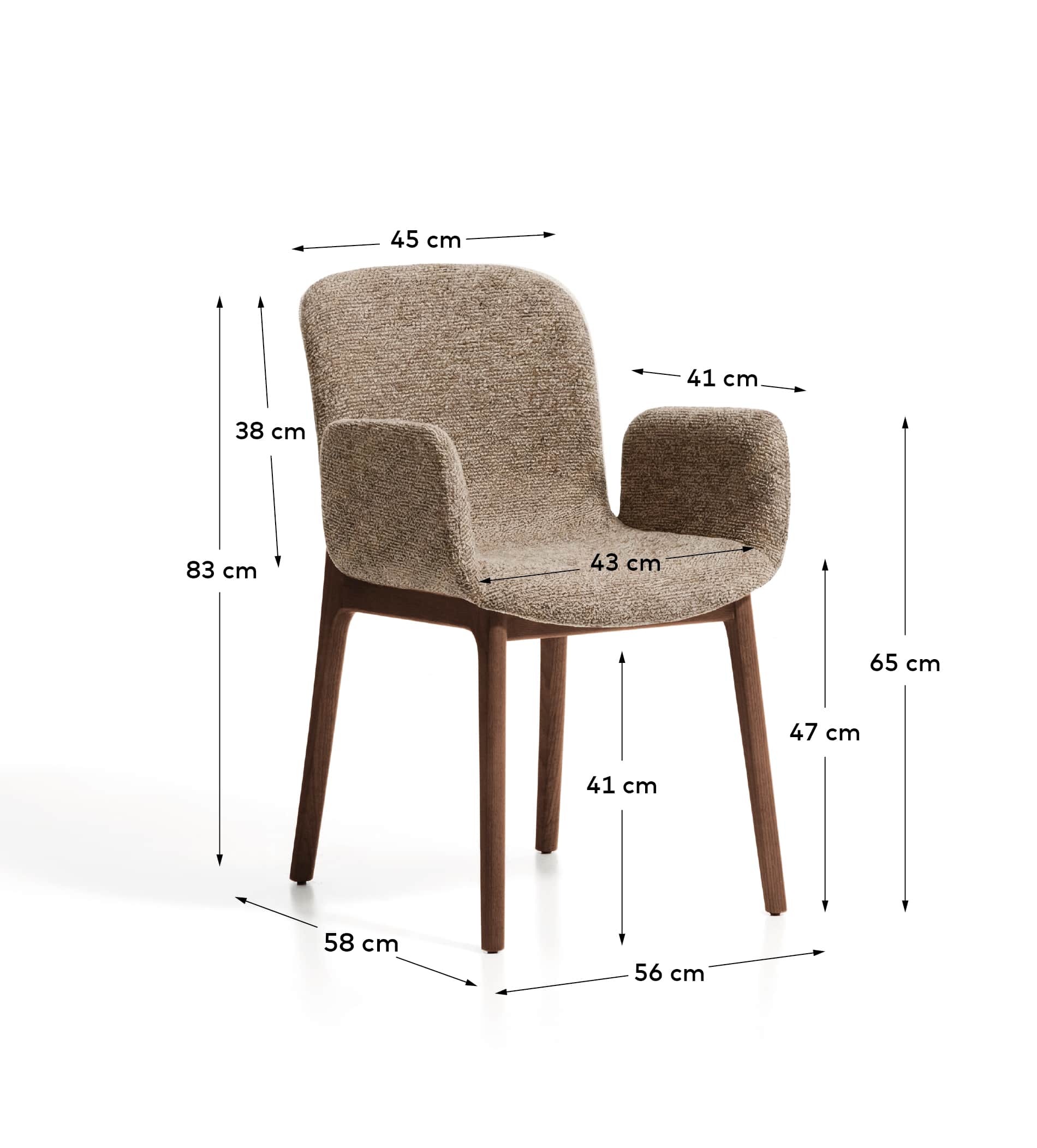 Elnor chair with armrests in brown chenille with solid oak wood legs in a walnut finish