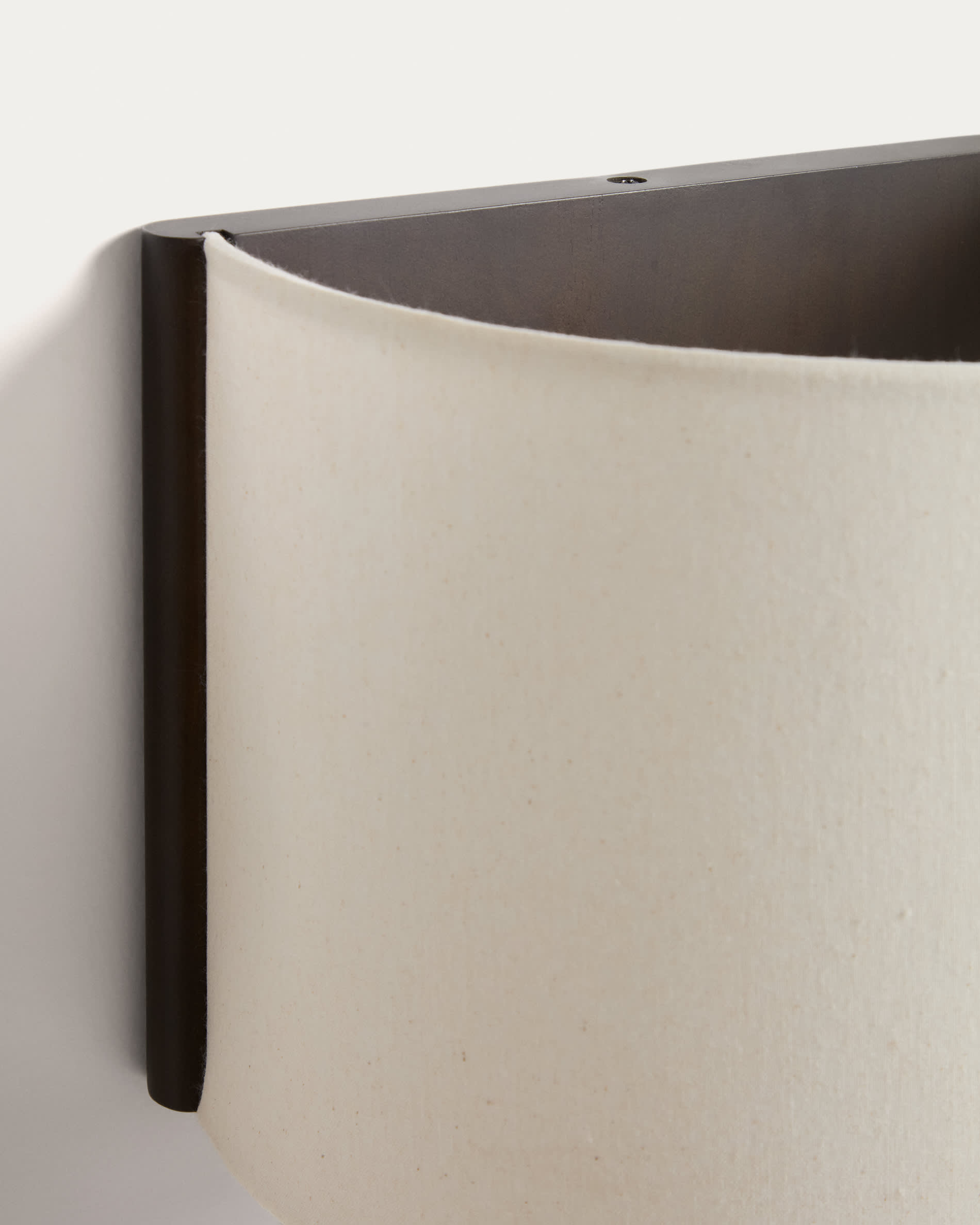 Umbran wall-mounted light fixture in dark brown rubberwood and beige linen