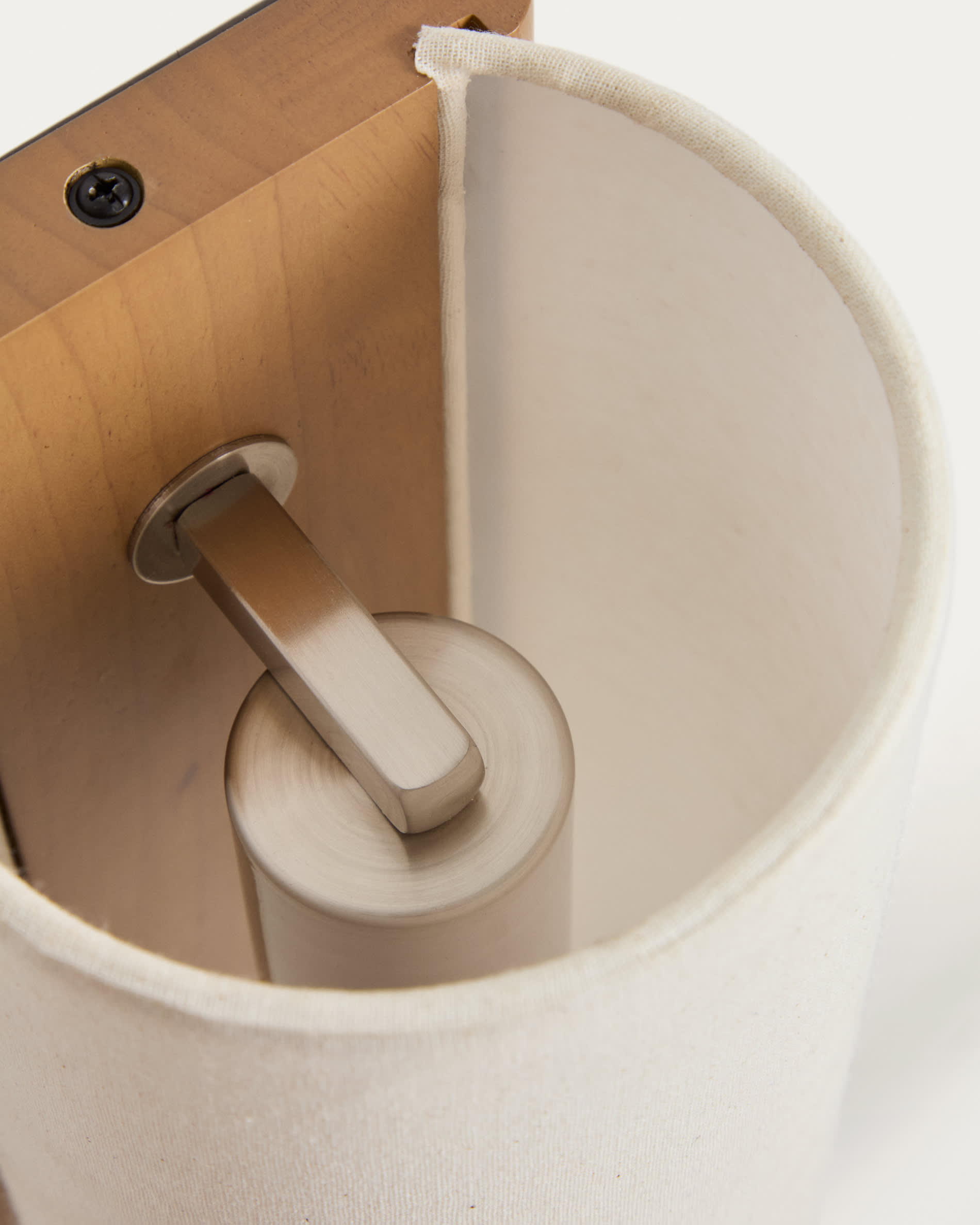 Umbran wall-mounted light fixture made from light brown rubberwood and beige linen