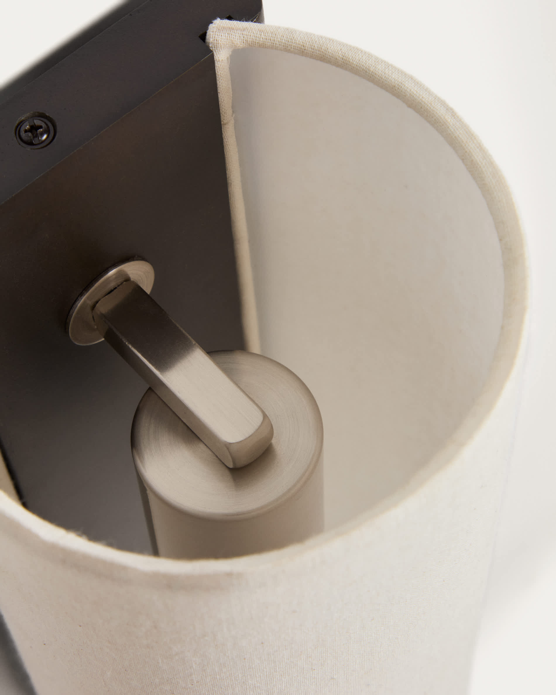 Umbran wall-mounted light fixture in dark brown rubberwood and beige linen