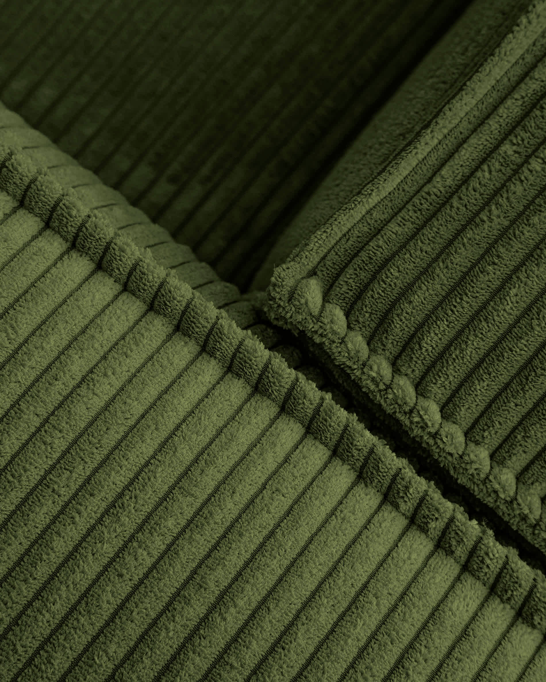 Blok 5-seater corner sofa with left terminal in green thick corduroy 255 x 320cm FSC Mix Credit