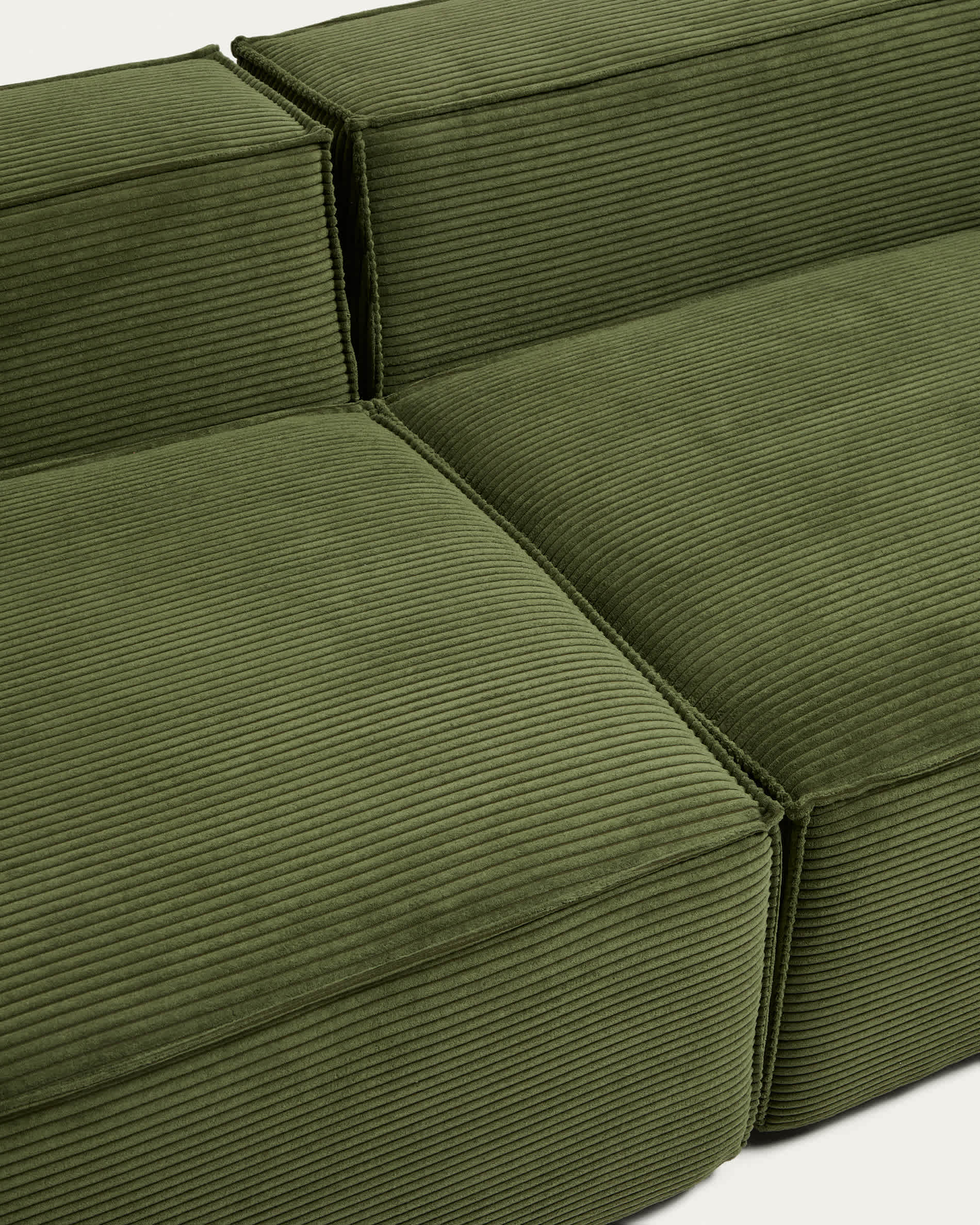 Blok 3-seater sofa with left armrest and end pouffe in thick green corduroy 270cm FSC Mix Credit