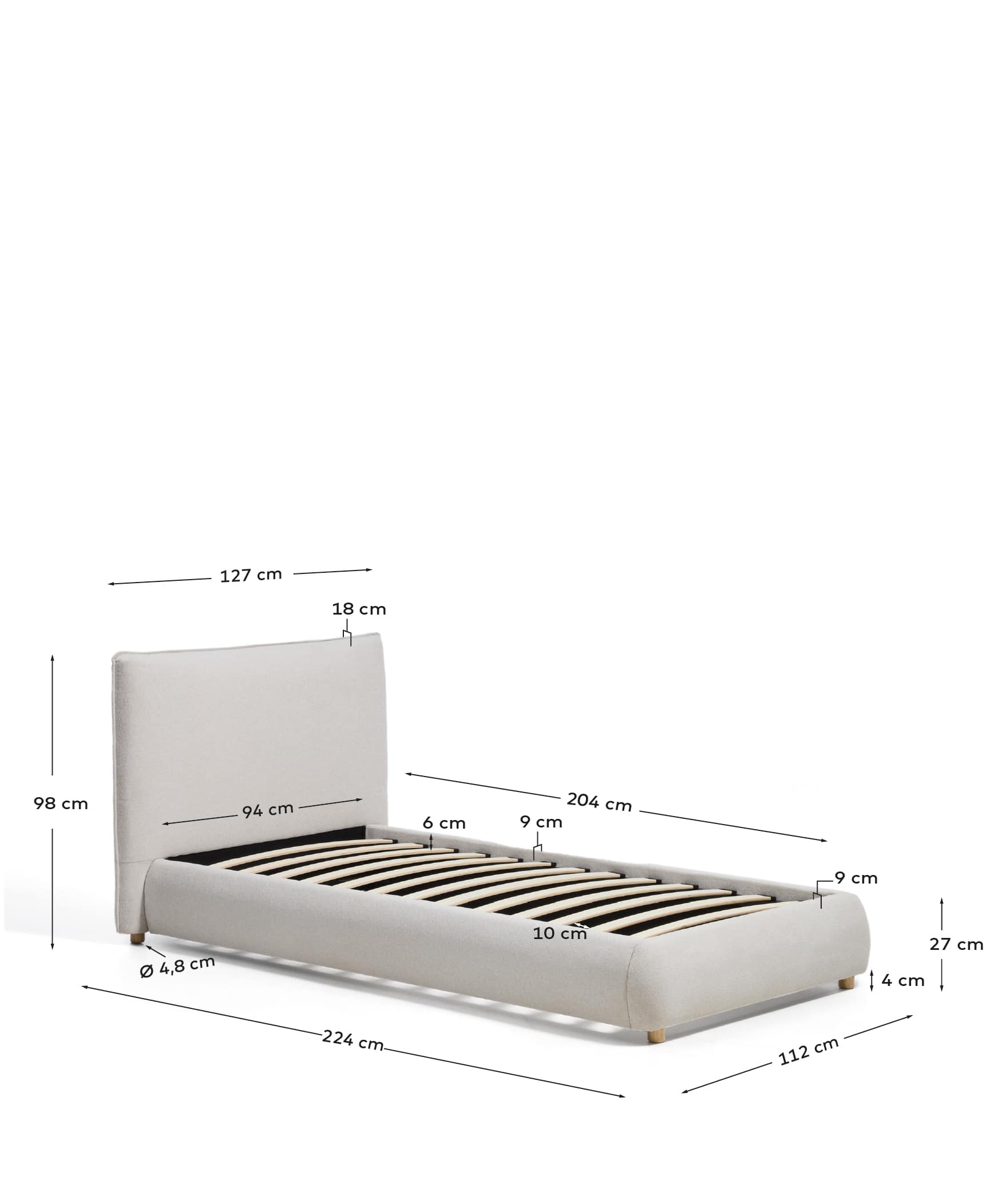 Elerio ecru chenille bed for 90 x 200cm mattress