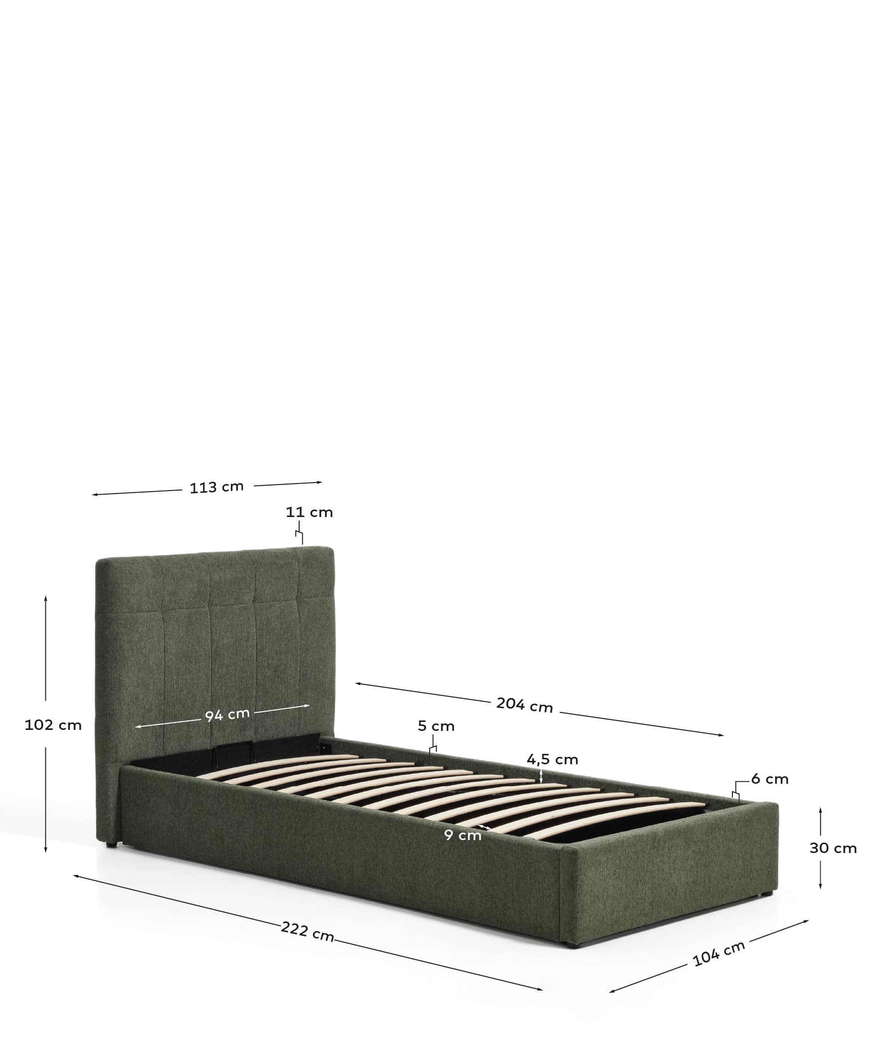 Darnela moss green chenille bed with folding storage base for 90 x 200cm mattress