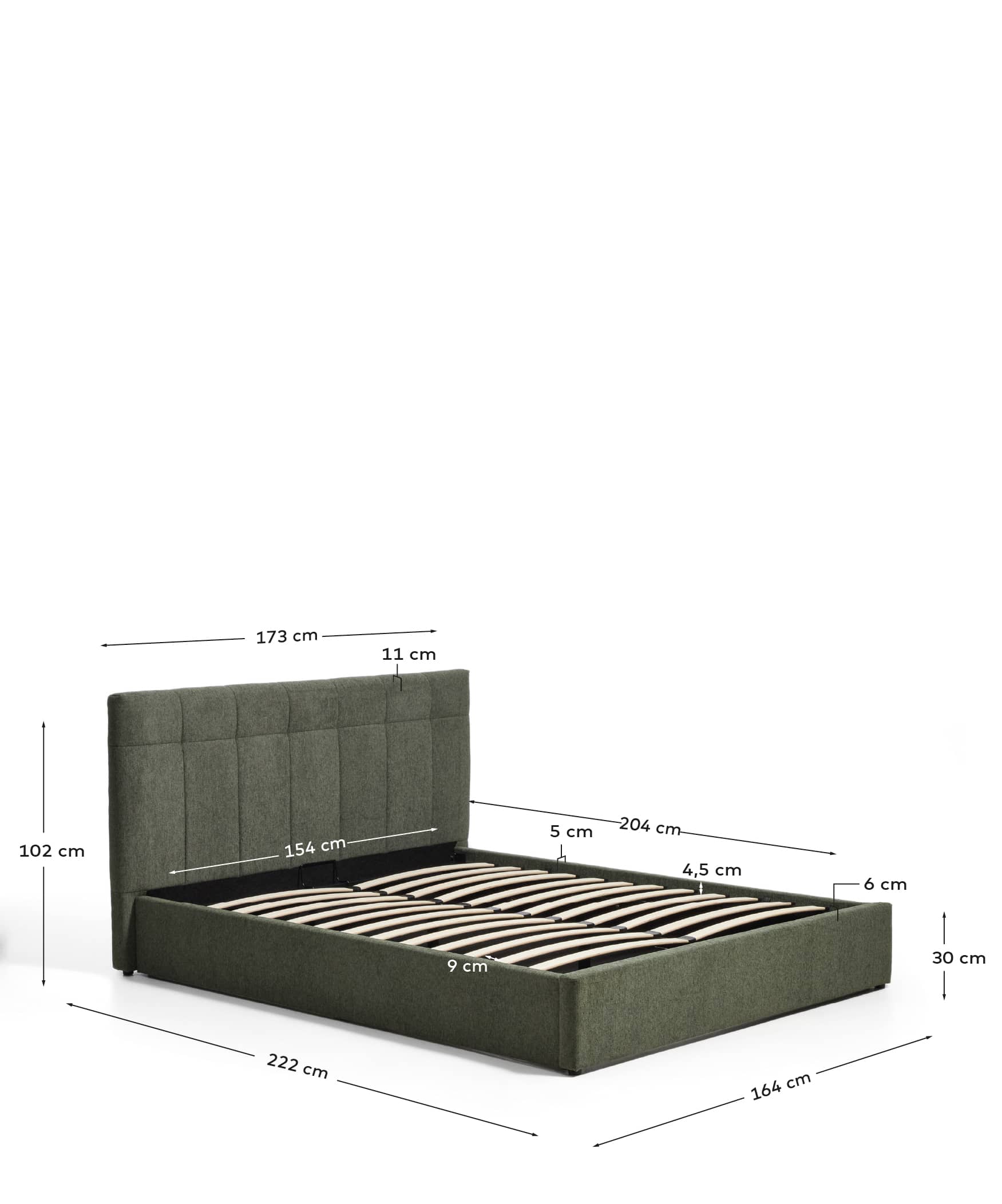 Darnela moss green chenille bed with folding storage base for 150 x 200cm mattress