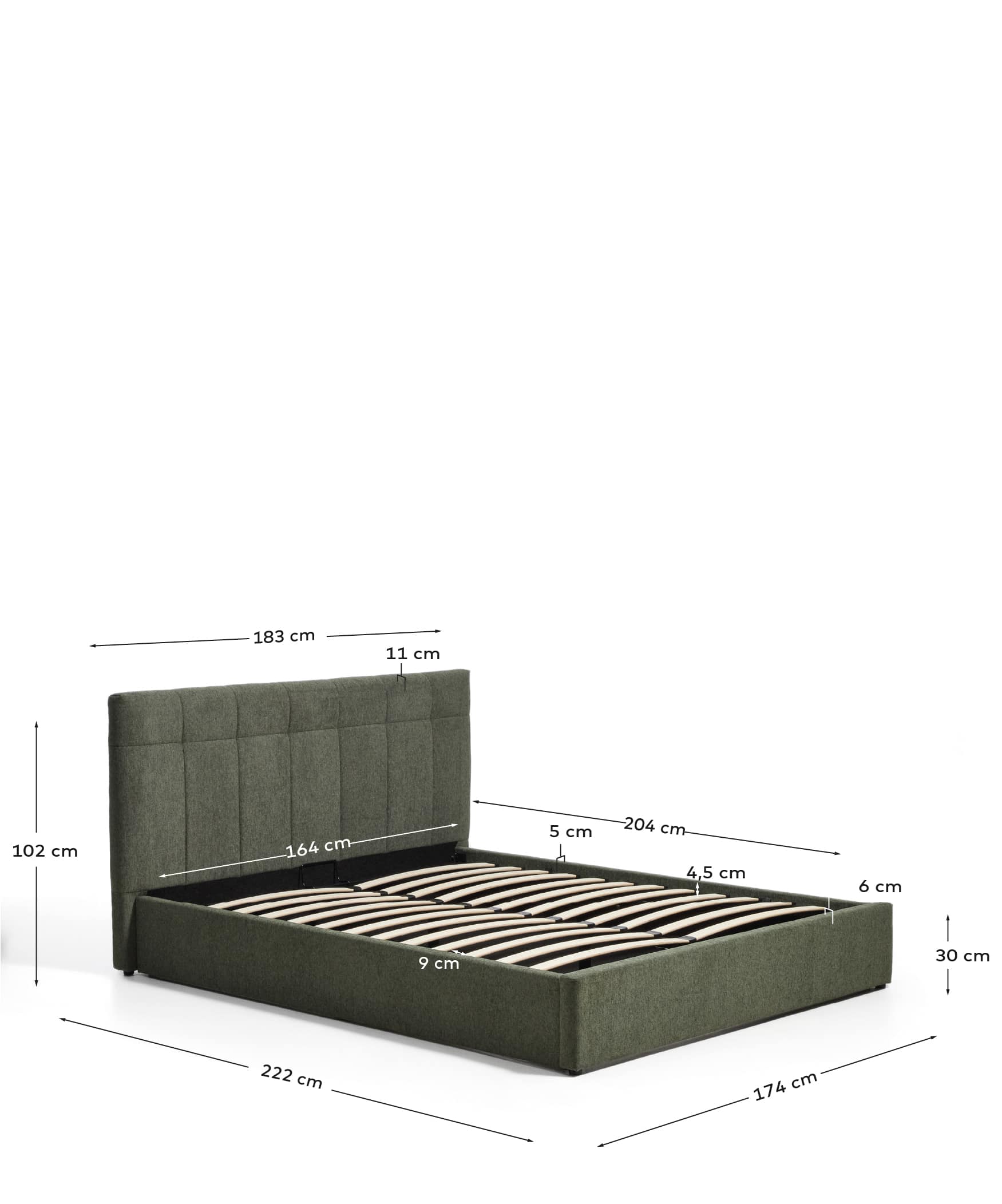 Darnela moss green chenille bed with folding storage base for 160 x 200cm mattress