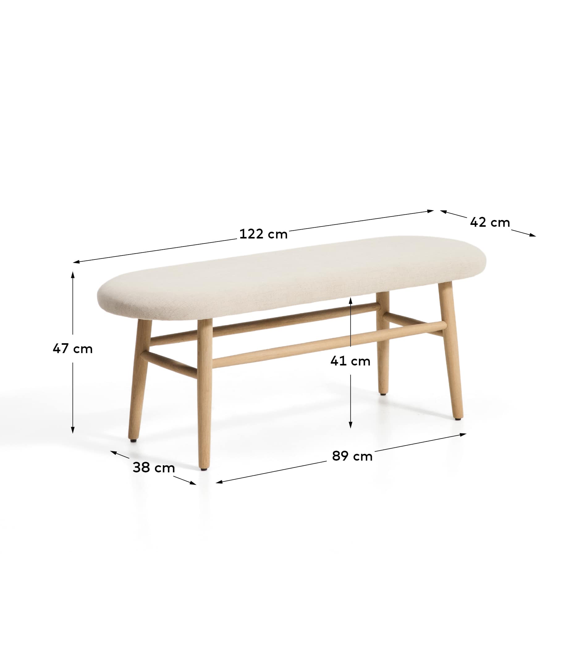 Helda bench in beige chenille and solid oak wood FSC Mix Credit 122 cm