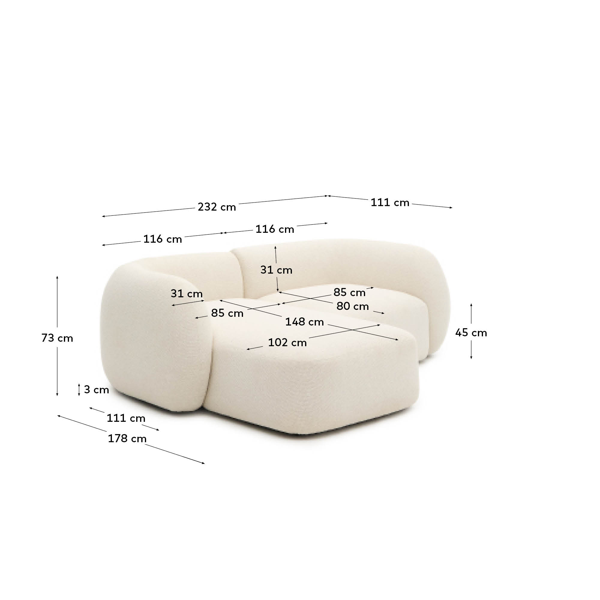Martina fire-retardant ecru chenille 2-seater modular sofa with left chaise longue 230 cm