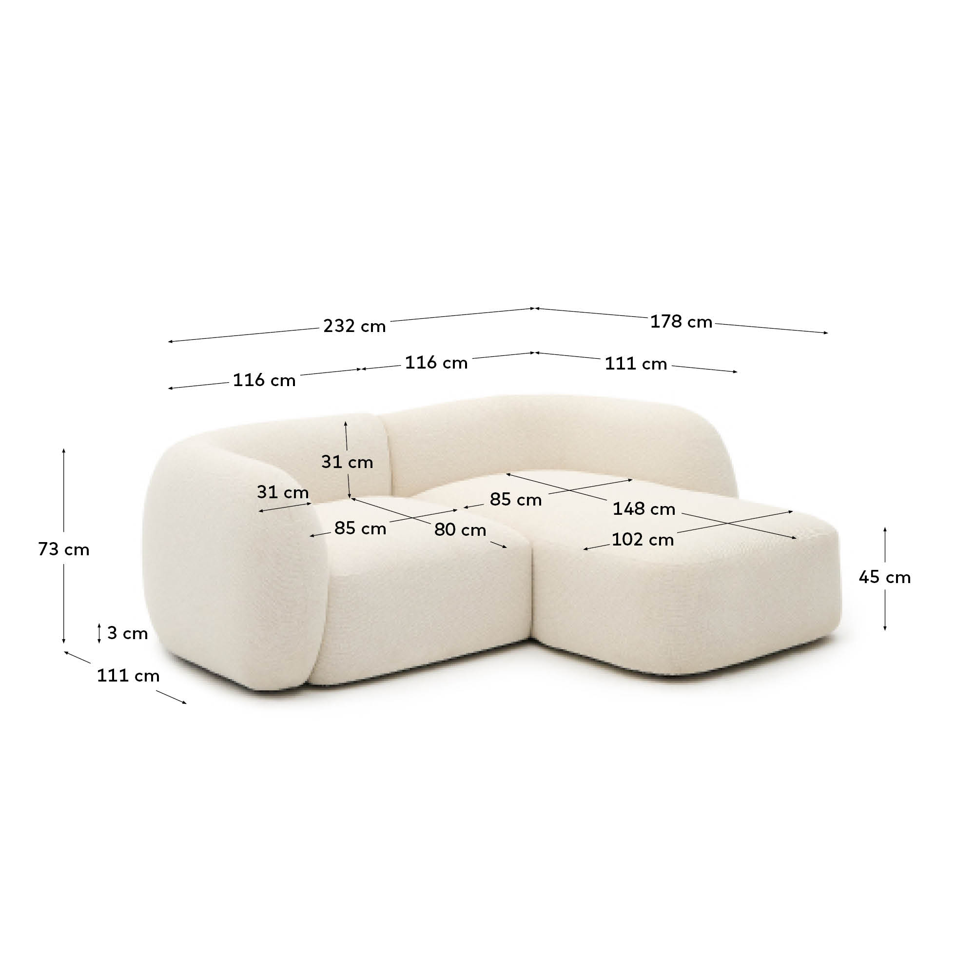 Martina fire-retardant ecru chenille 2-seater modular sofa with right chaise longue 230 cm