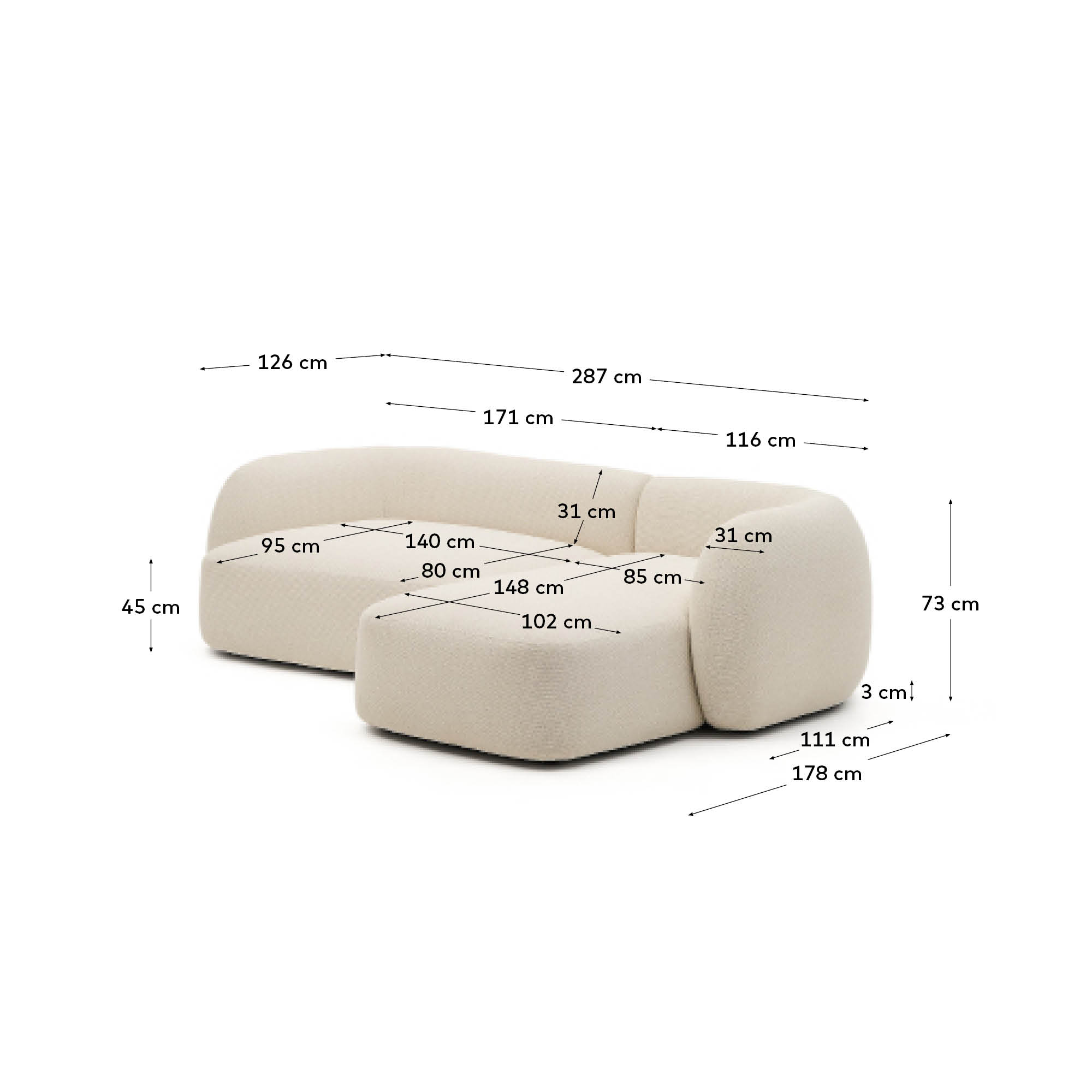 Martina fire-retardant ecru chenille 3-seater modular sofa with right chaise longue 287 cm