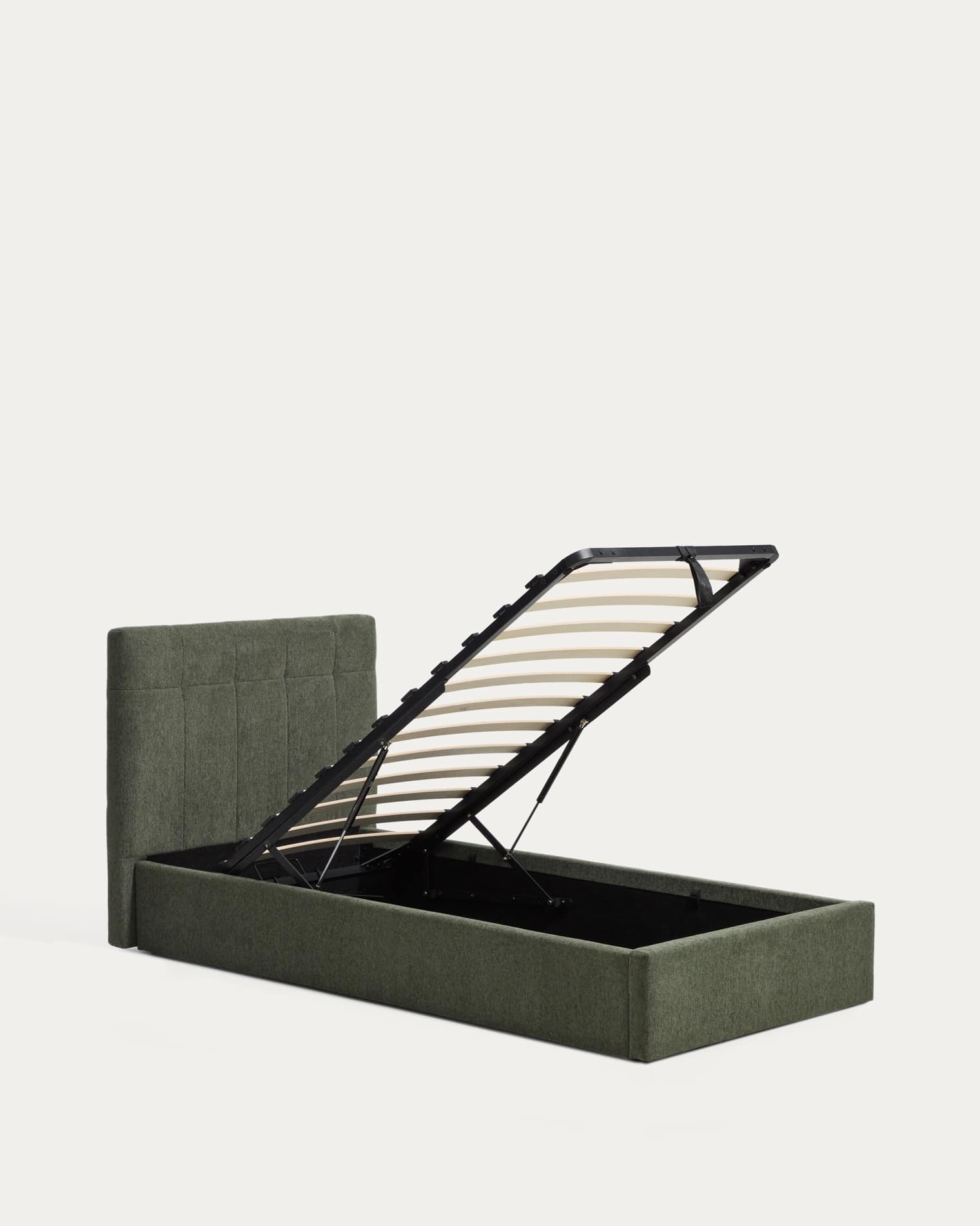 Darnela moss green chenille bed with folding storage base for 90 x 200cm mattress
